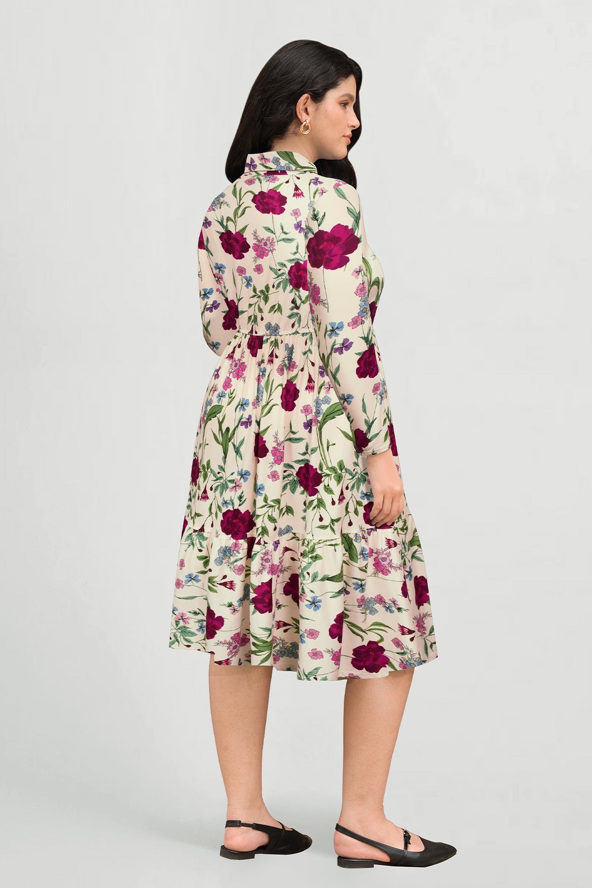 Ritera Pockets Vibrant Floral Tiered Midi Shirtdress
