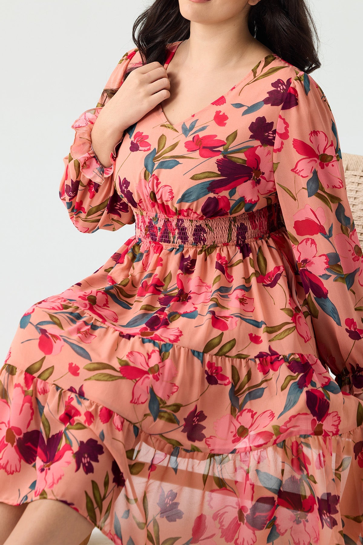 Ritera Pockets Floral Smocked Waist Long Sleeve Tiered Midi Dress
