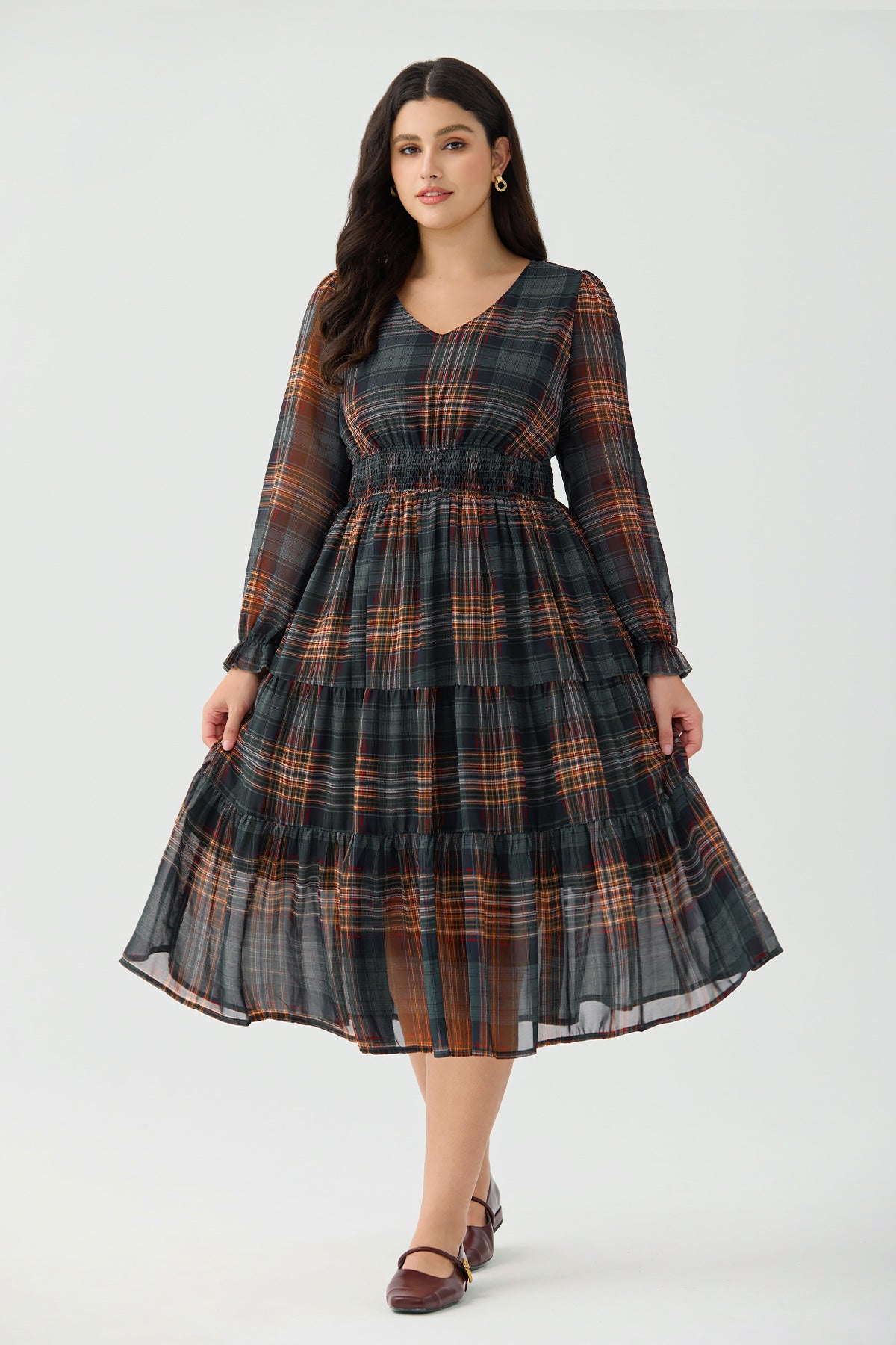 Ritera Pockets Plaid Smocked Waist Long Sleeve Tiered Midi Dress