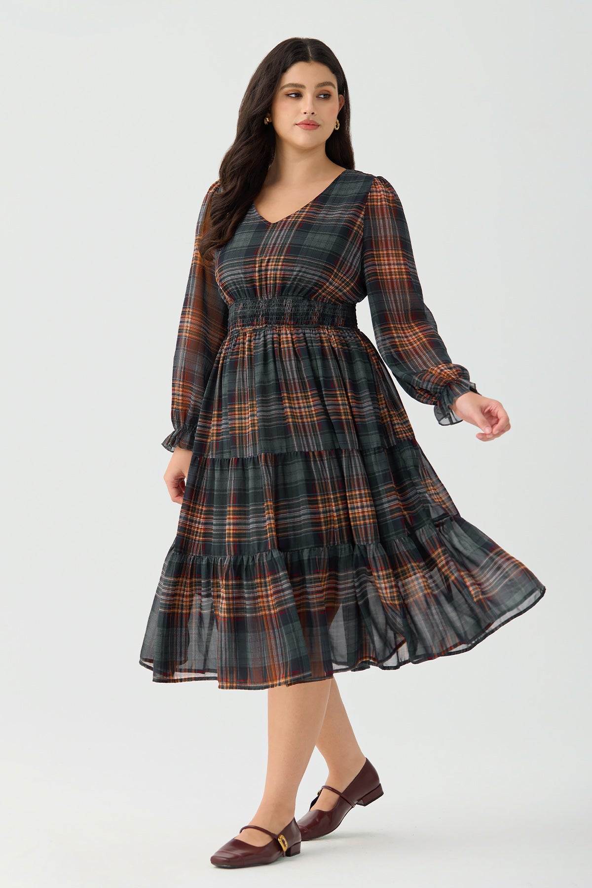 Ritera Pockets Plaid Smocked Waist Long Sleeve Tiered Midi Dress