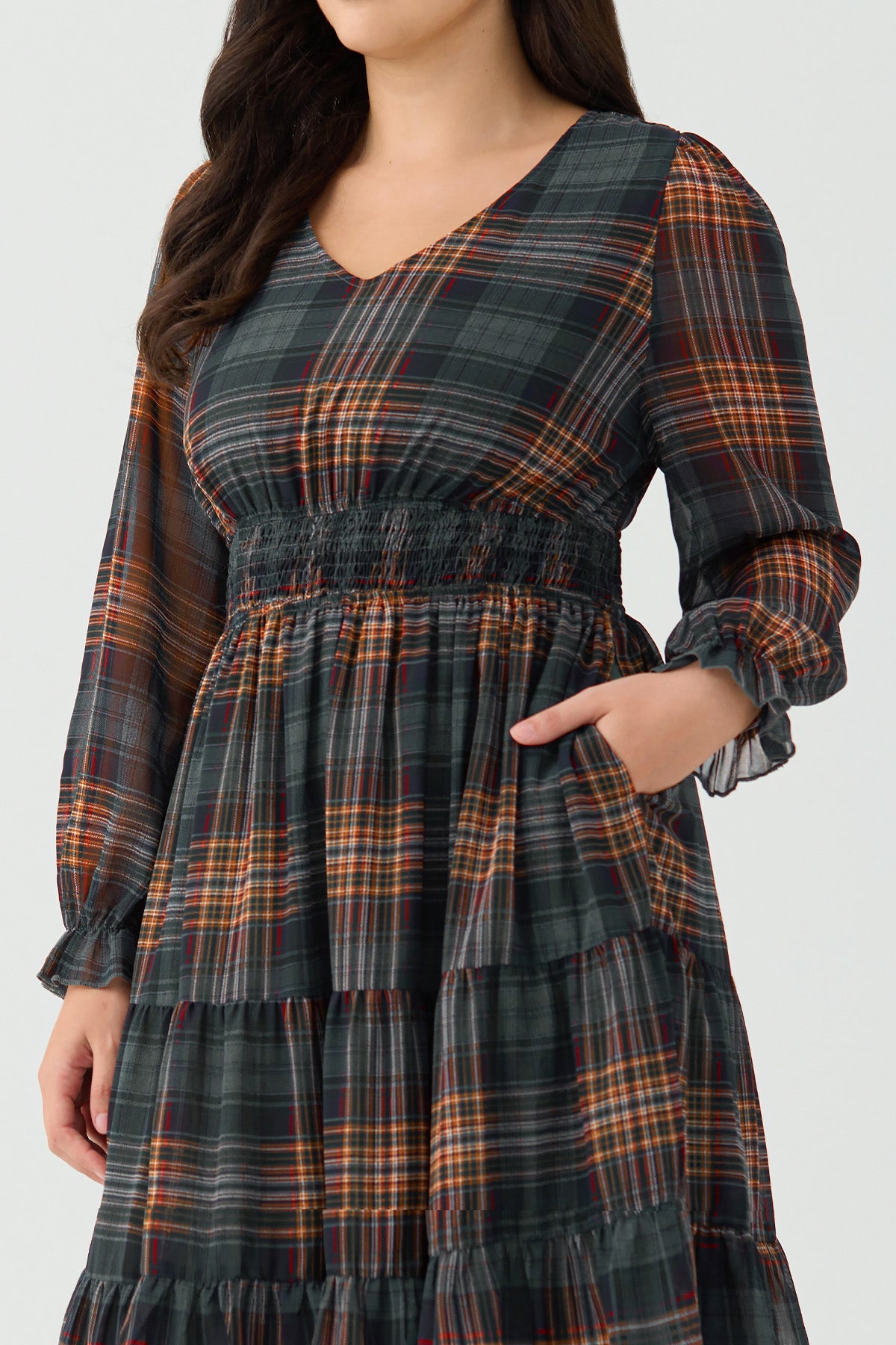 Ritera Pockets Plaid Smocked Waist Long Sleeve Tiered Midi Dress