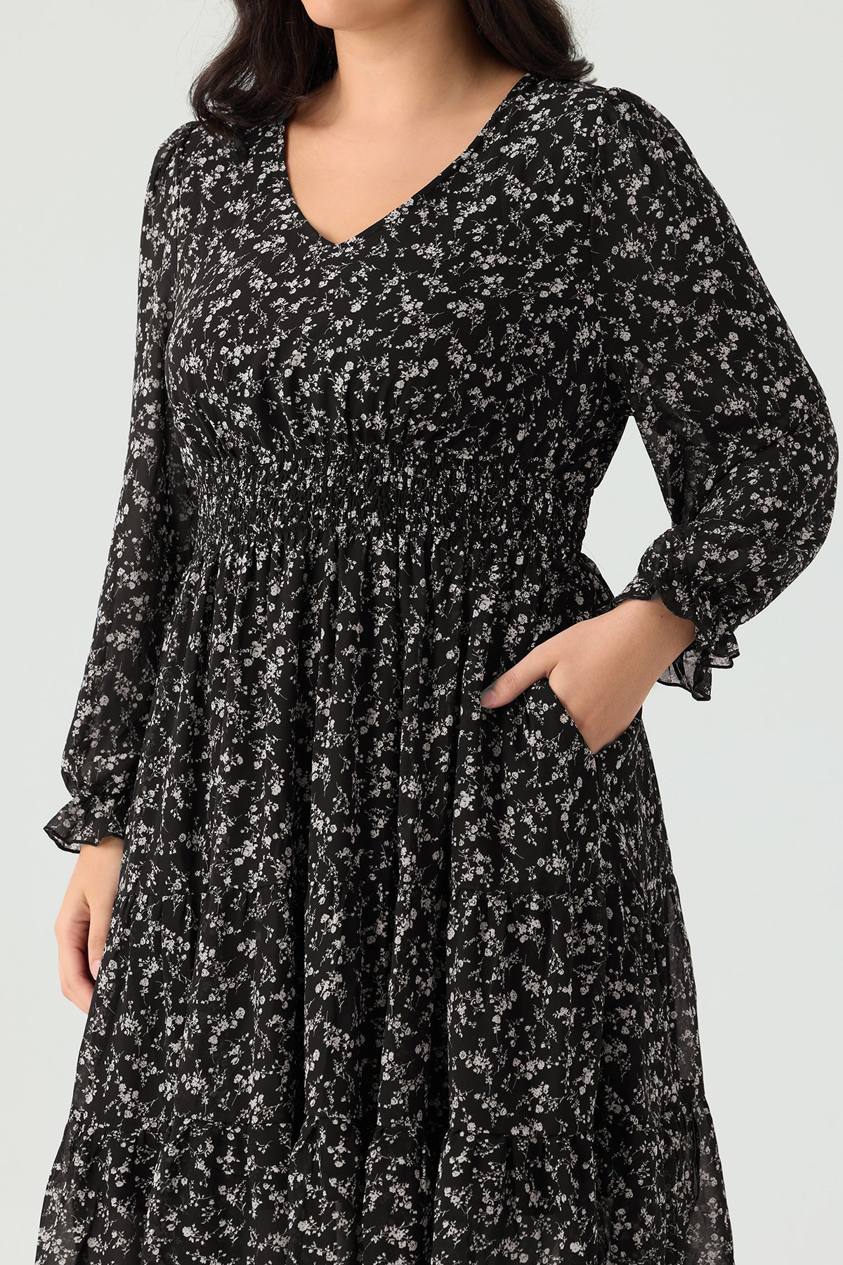 Ritera Pockets Floral Smocked Waist Long Sleeve Tiered Midi Dress