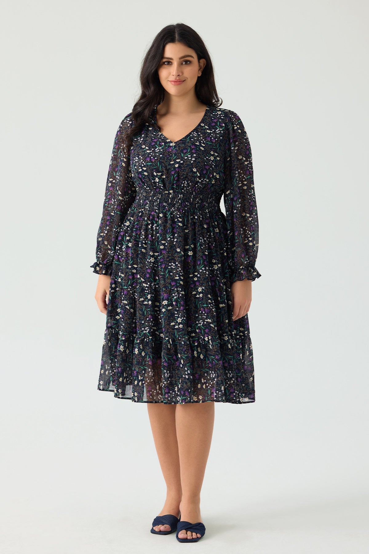 Ritera Pockets Floral Smocked Waist Long Sleeve Tiered Midi Dress