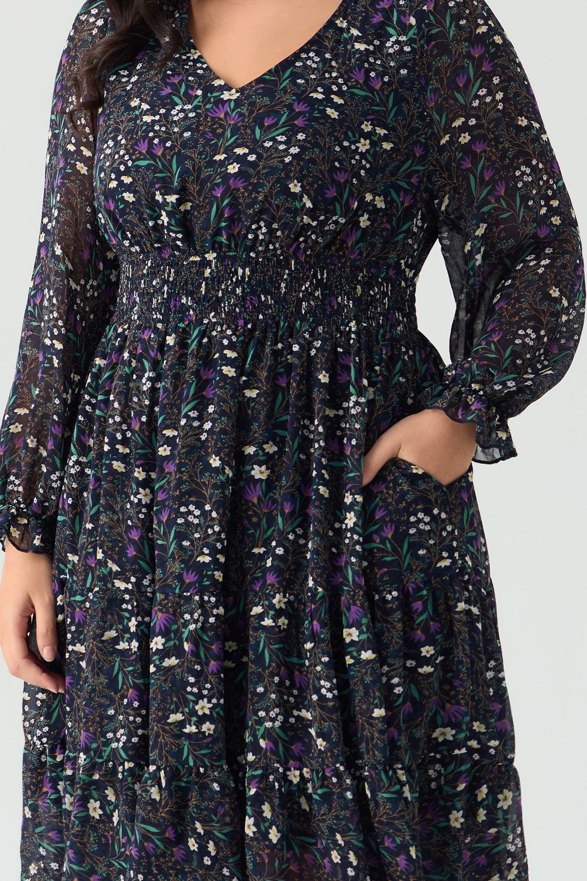 Ritera Pockets Floral Smocked Waist Long Sleeve Tiered Midi Dress