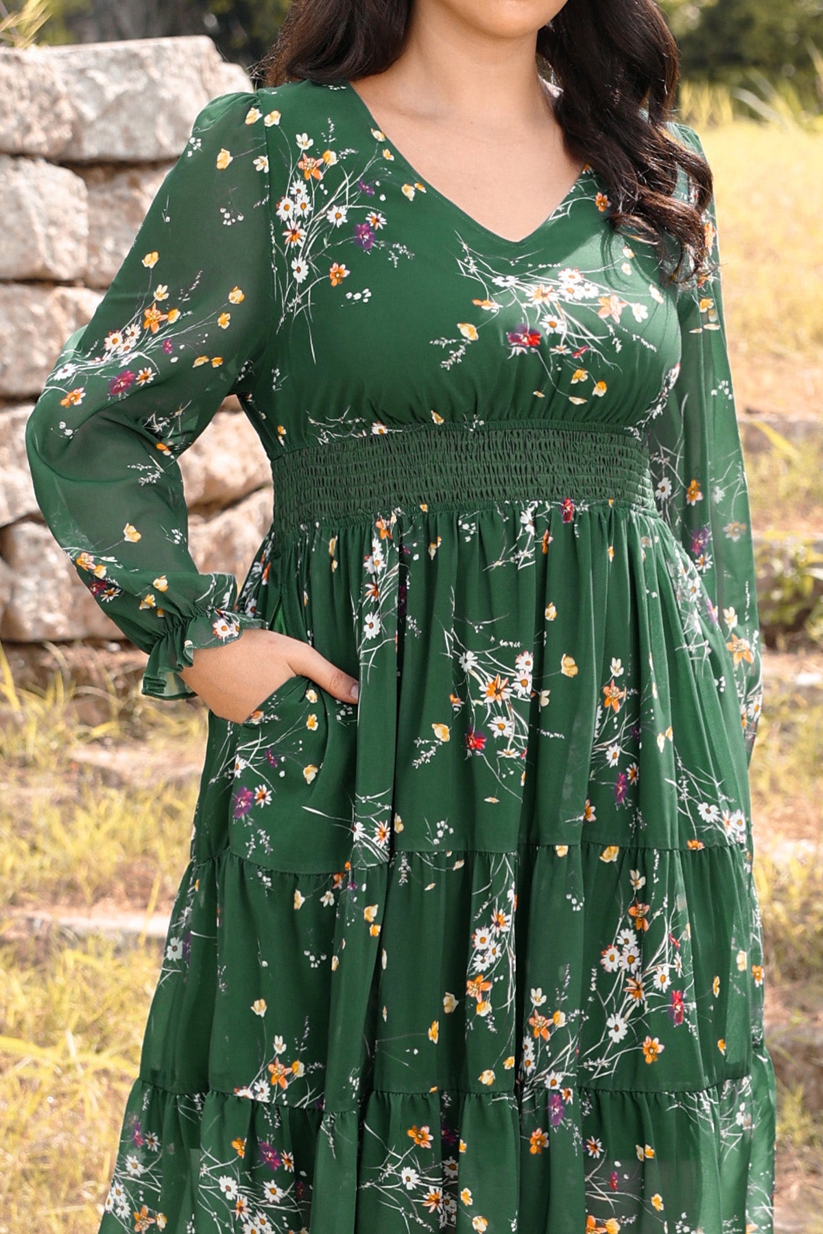 Ritera Pockets Floral Smocked Waist Long Sleeve Tiered Midi Dress