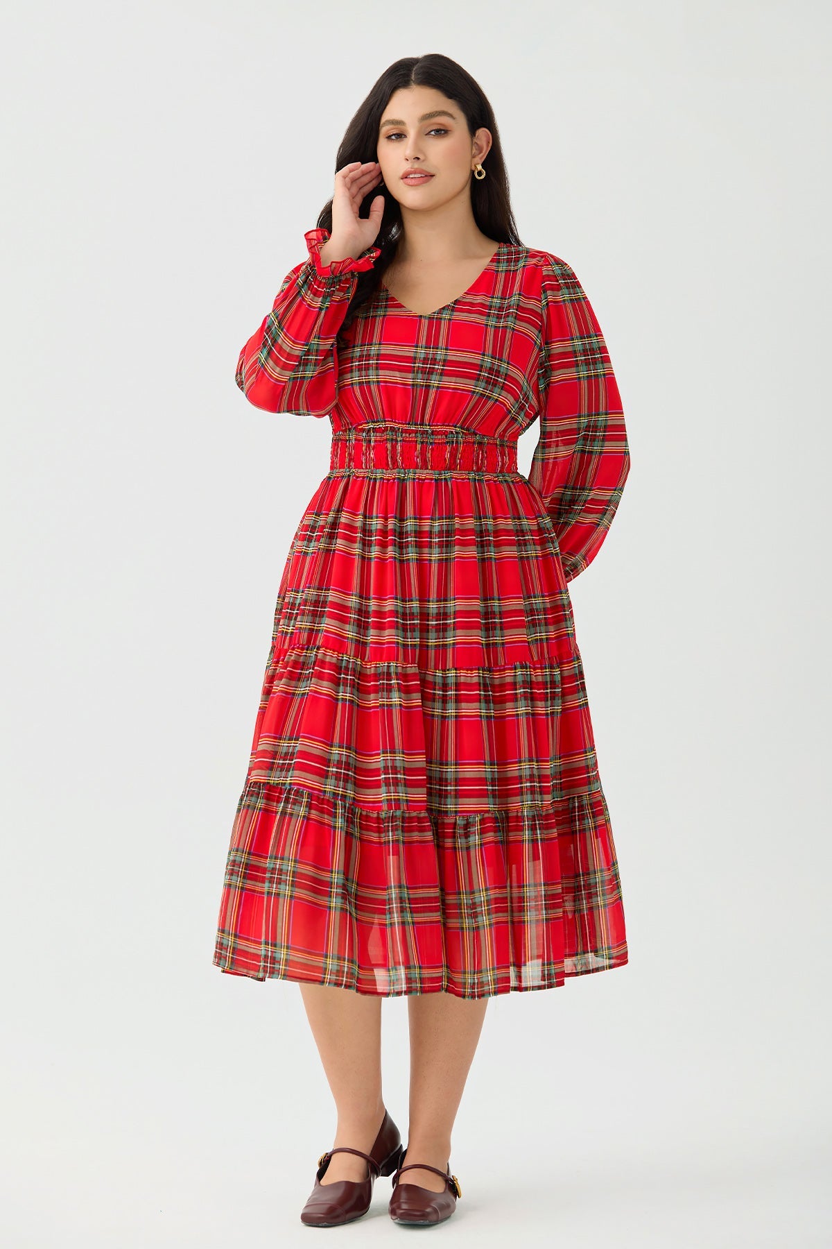 Ritera Pockets Plaid Smocked Waist Long Sleeve Tiered Midi Dress