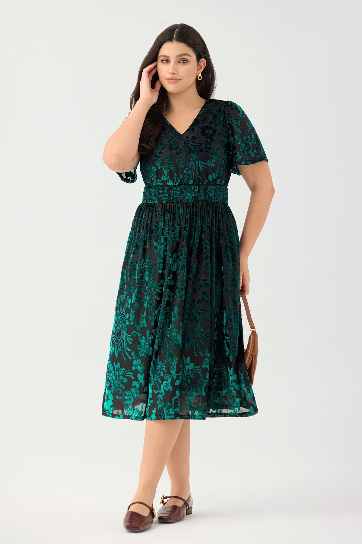 Ritera Pockets Smocked Waist Jacquard Floral A-Line Midi Dress