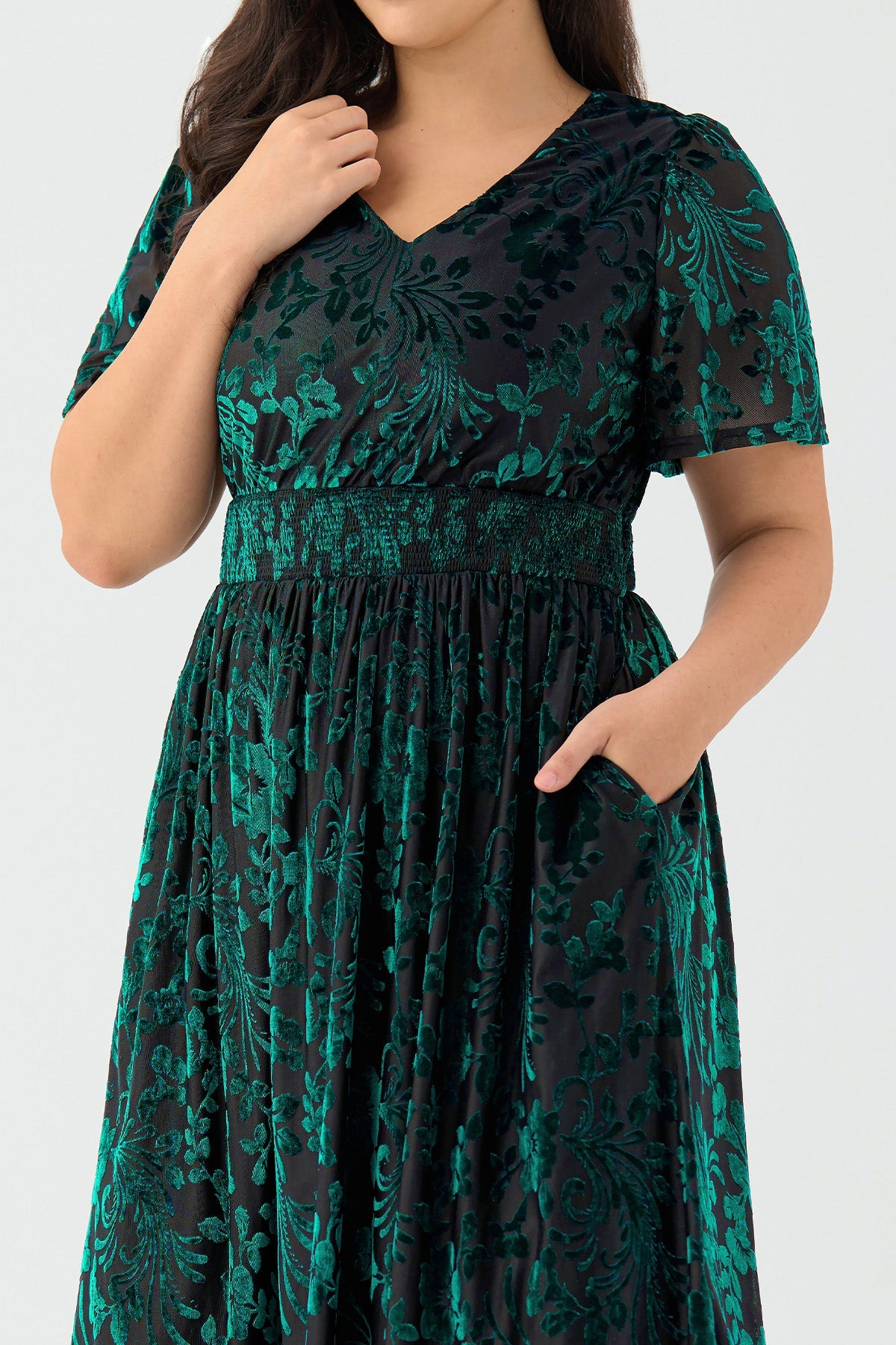 Ritera Pockets Smocked Waist Jacquard Floral A-Line Midi Dress