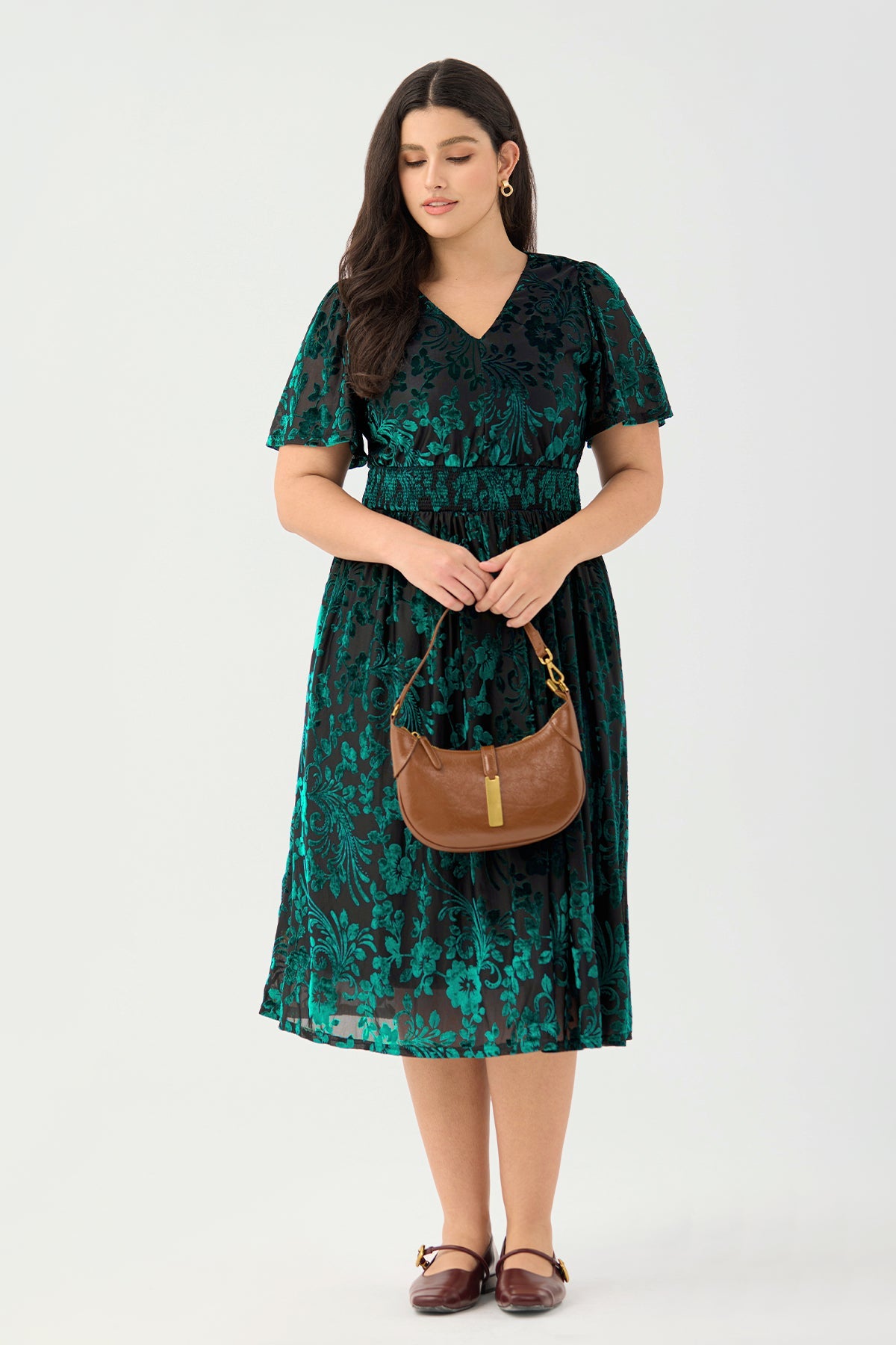 Ritera Pockets Smocked Waist Jacquard Floral A-Line Midi Dress