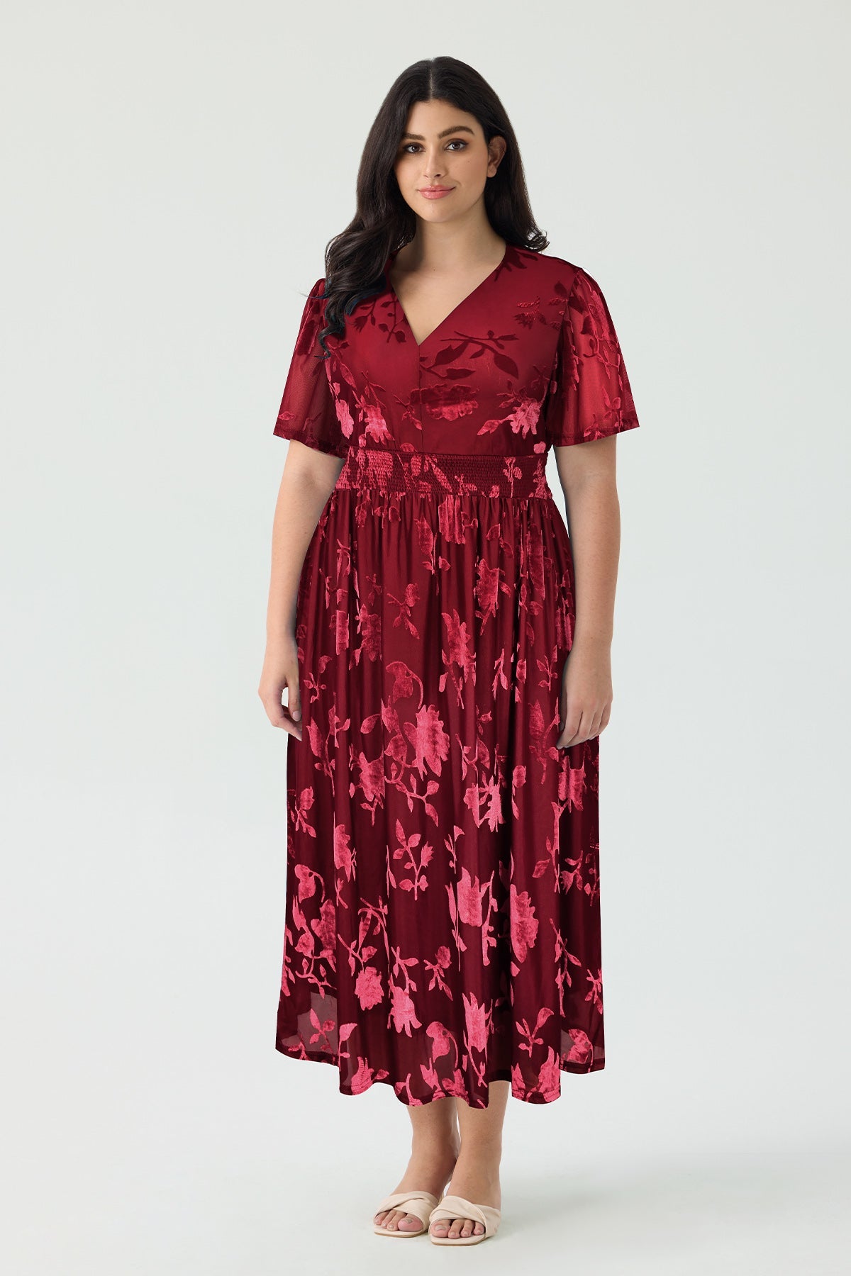 Ritera Pockets Smocked Waist Jacquard Floral A-Line Midi Dress