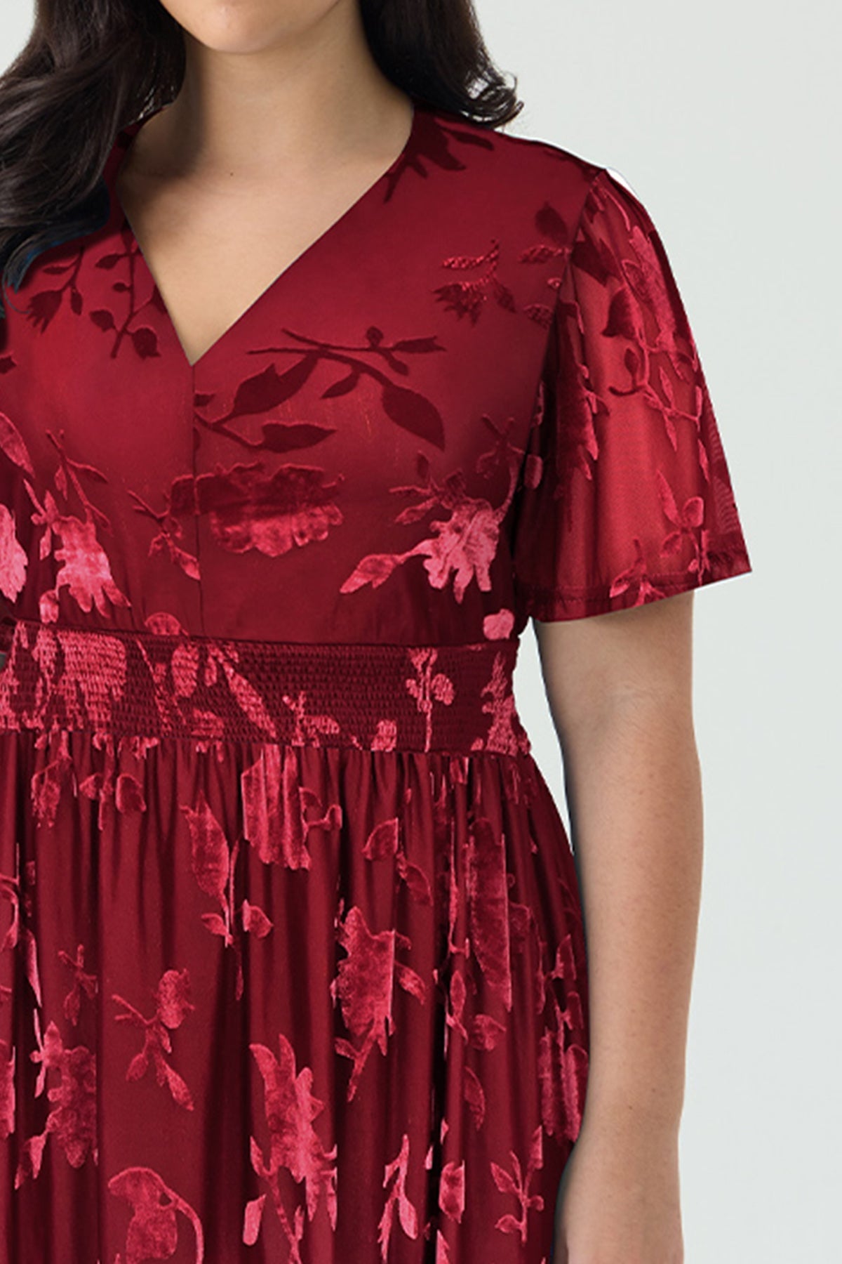 Ritera Pockets Smocked Waist Jacquard Floral A-Line Midi Dress