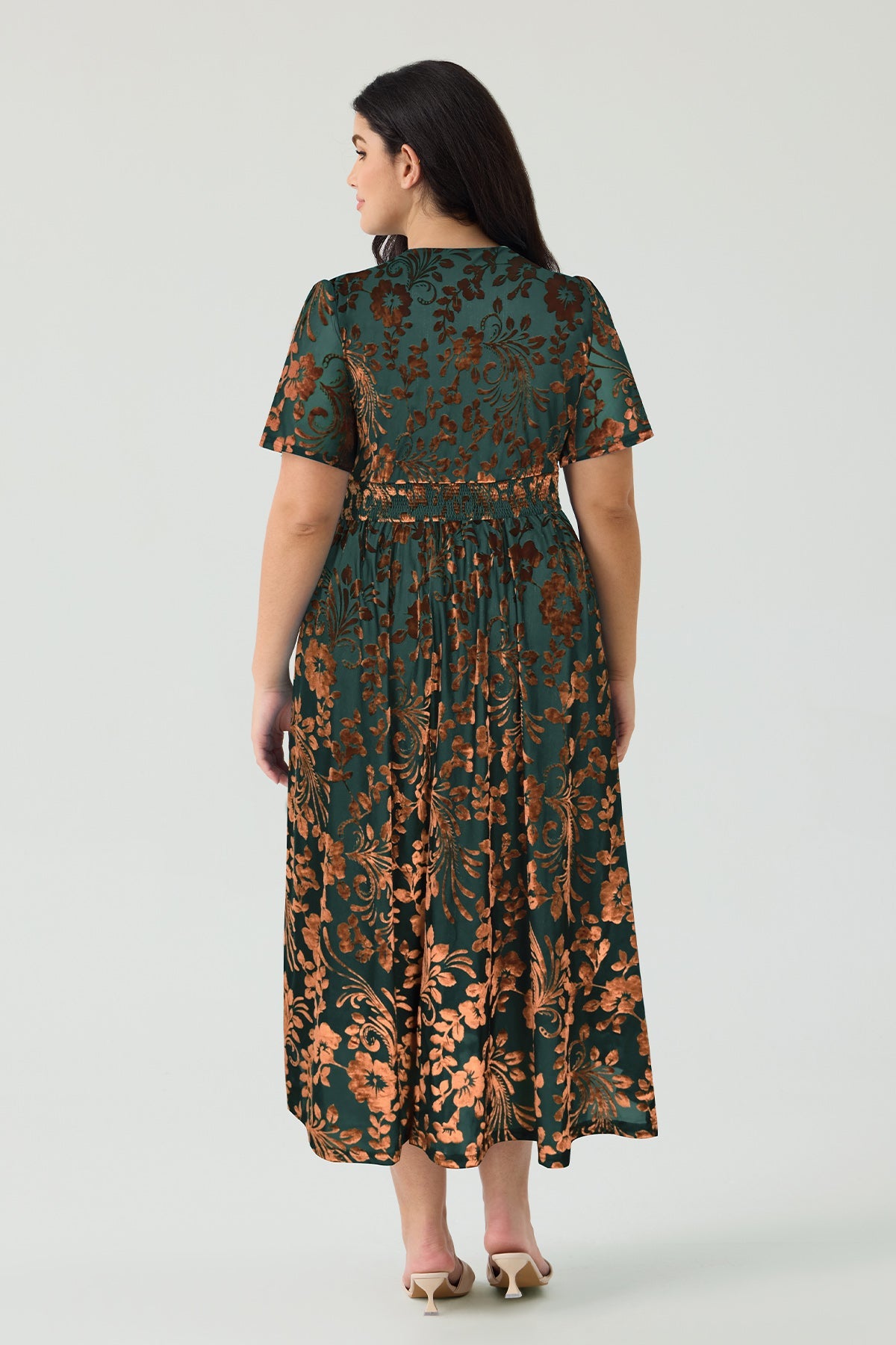 Ritera Pockets Smocked Waist Jacquard Floral A-Line Midi Dress