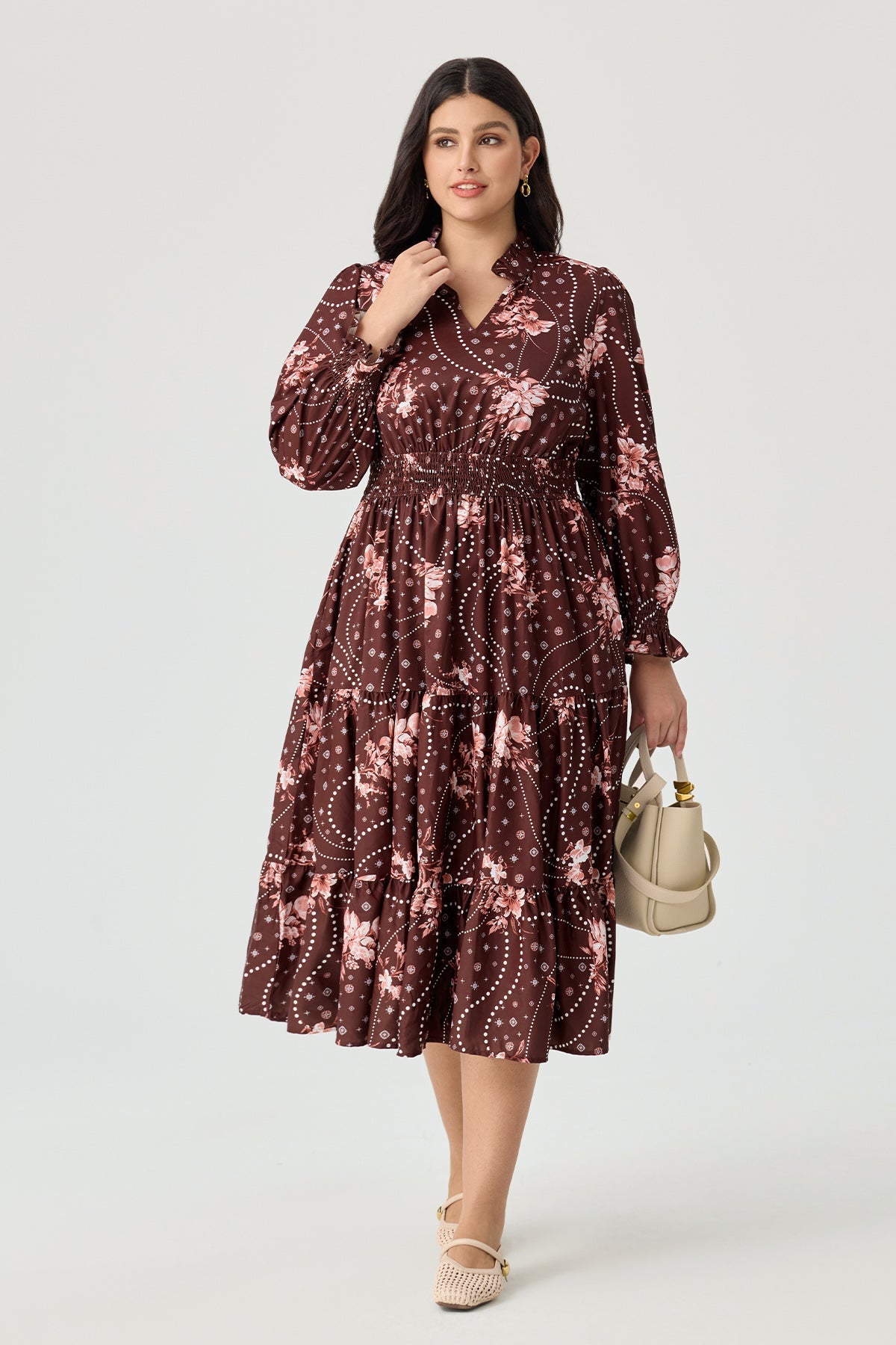 Ritera Pockets Floral Dotted Tiered Flowy Smocked Midi Dress