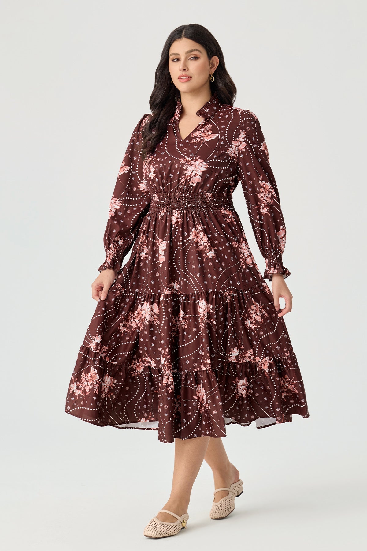 Ritera Pockets Floral Dotted Tiered Flowy Smocked Midi Dress
