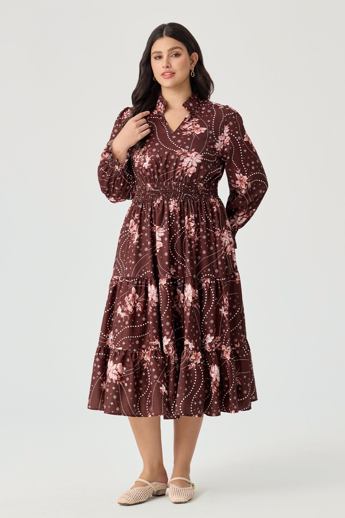 Ritera Pockets Floral Dotted Tiered Flowy Smocked Midi Dress