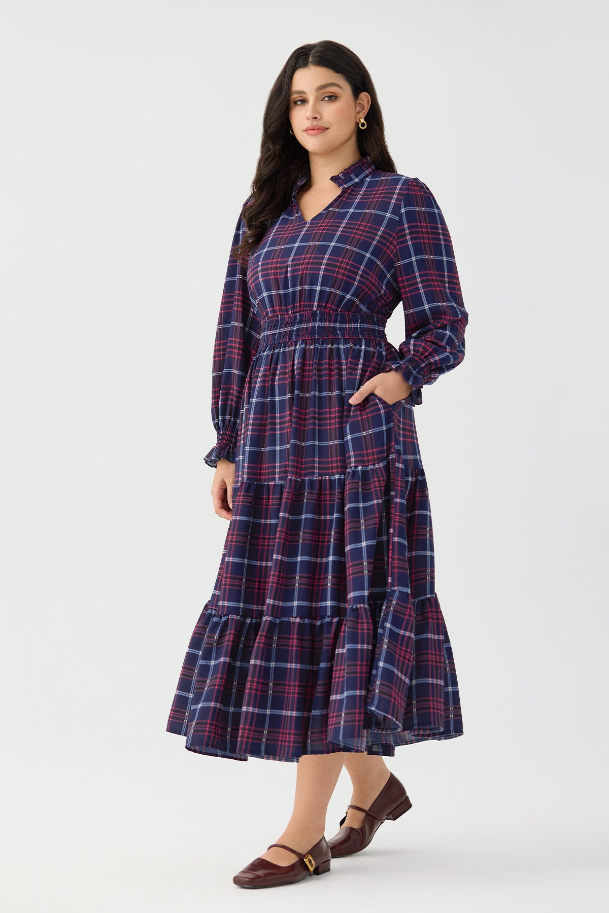 Ritera Pockets Plaid Tiered Smocked Waist Flowy Midi Dress