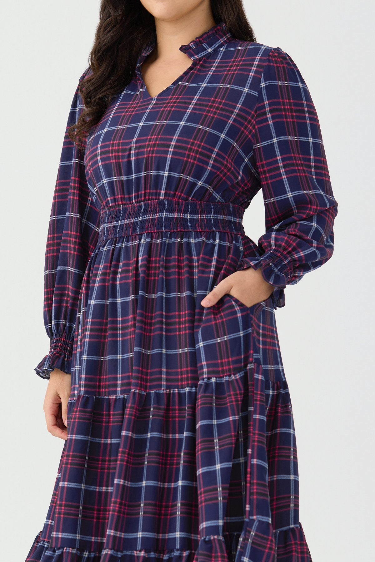 Ritera Pockets Plaid Tiered Smocked Waist Flowy Midi Dress