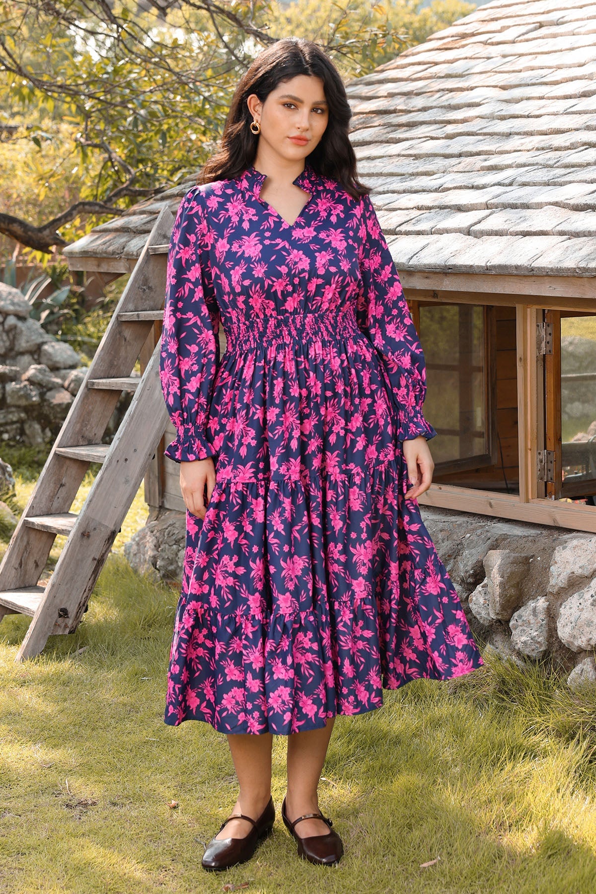 Ritera Pockets Smocked Waist Floral Print Tiered Midi Dress