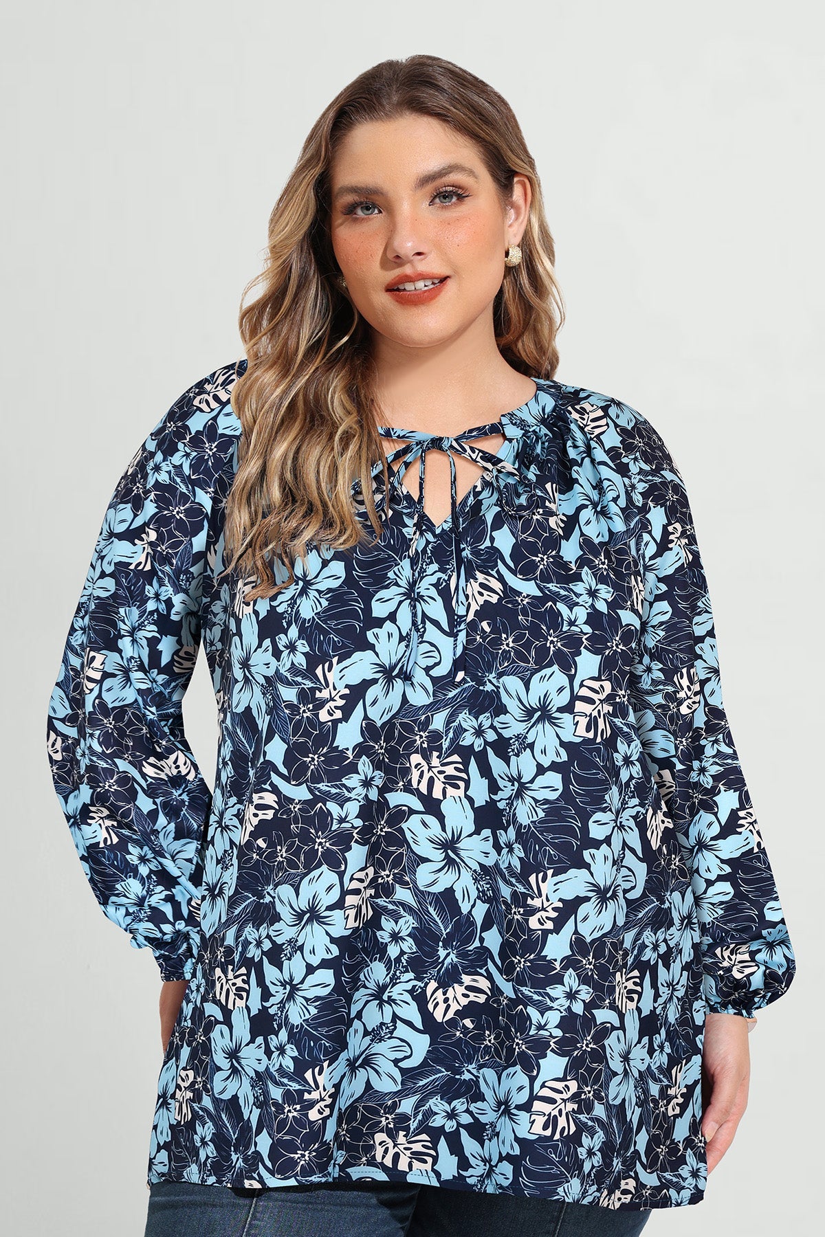 Ritera Vibrant Floral Tie-Neck Long Sleeve Blouse