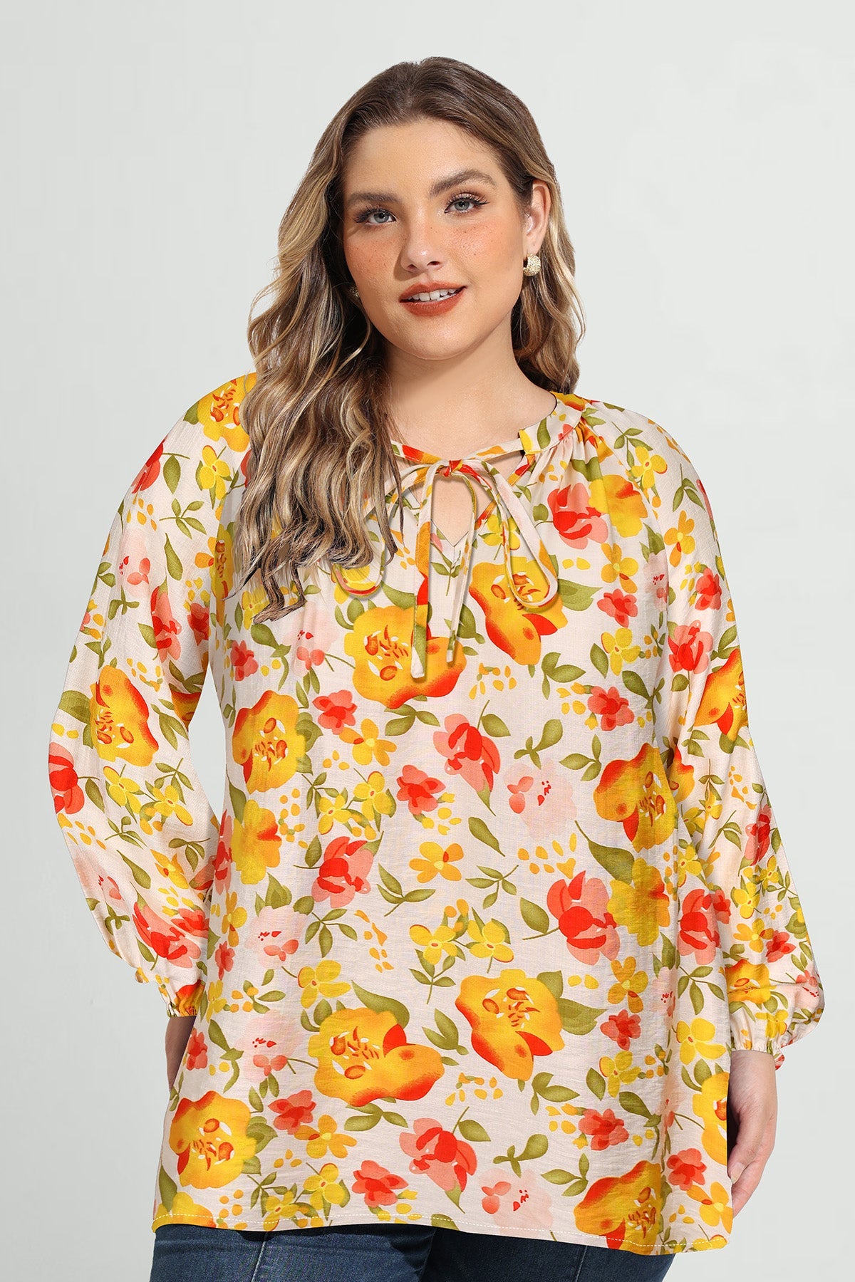 Ritera Vibrant Floral Tie-Neck Long Sleeve Blouse