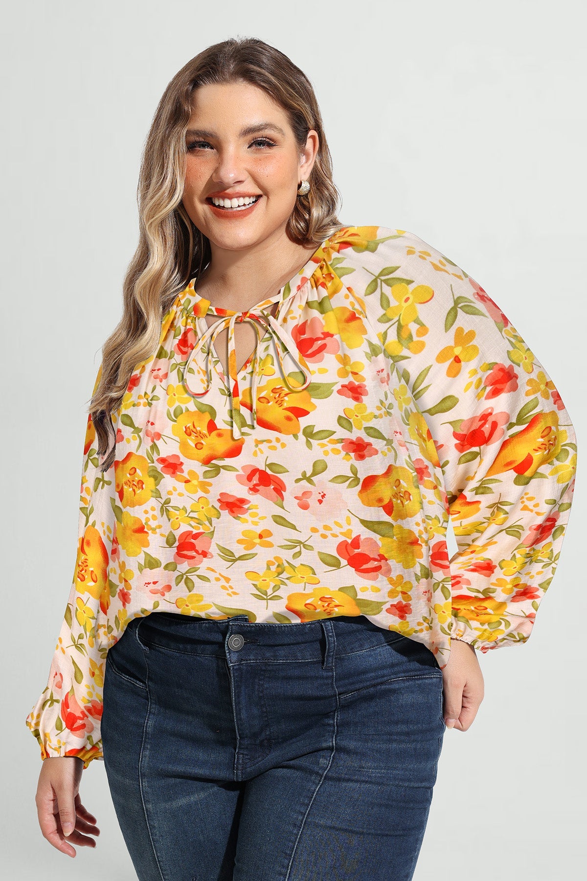 Ritera Vibrant Floral Tie-Neck Long Sleeve Blouse