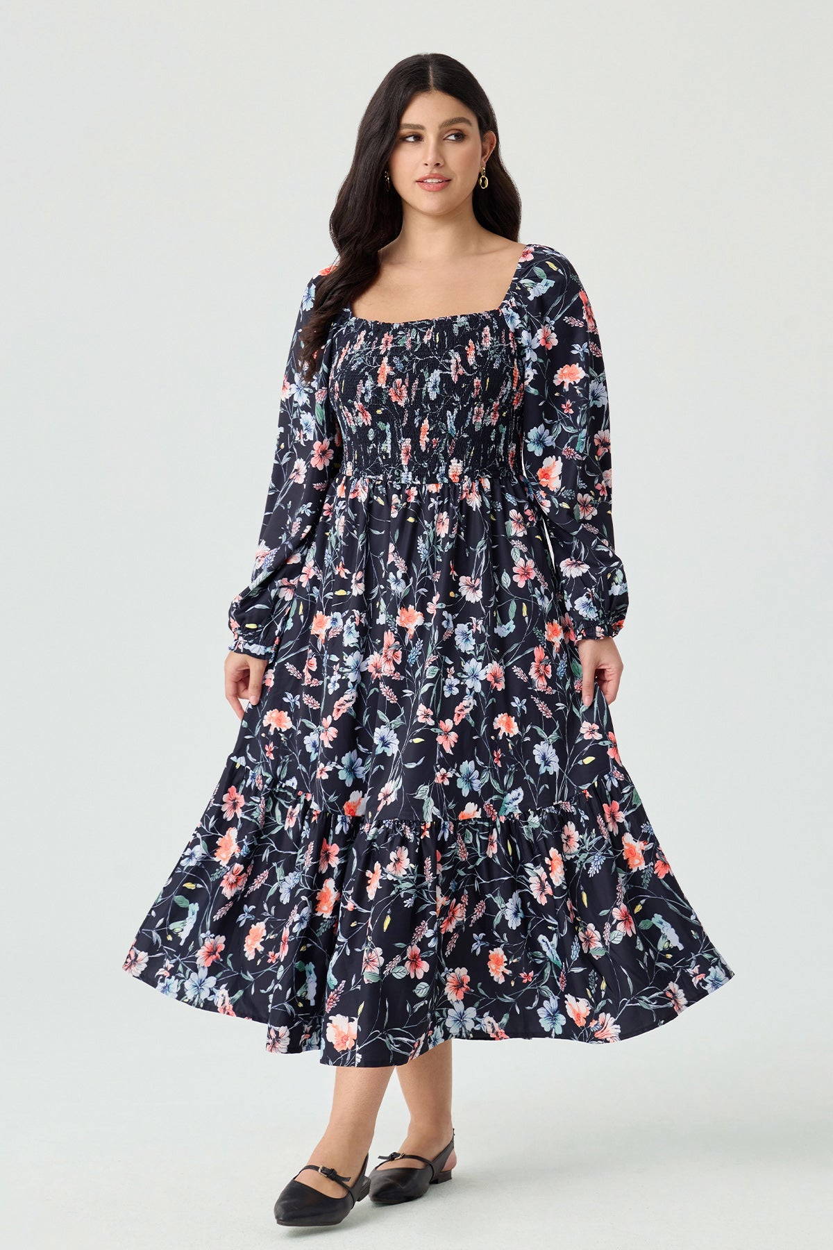 Ritera Pockets Floral Tiered Flowy Smocked Midi Dress