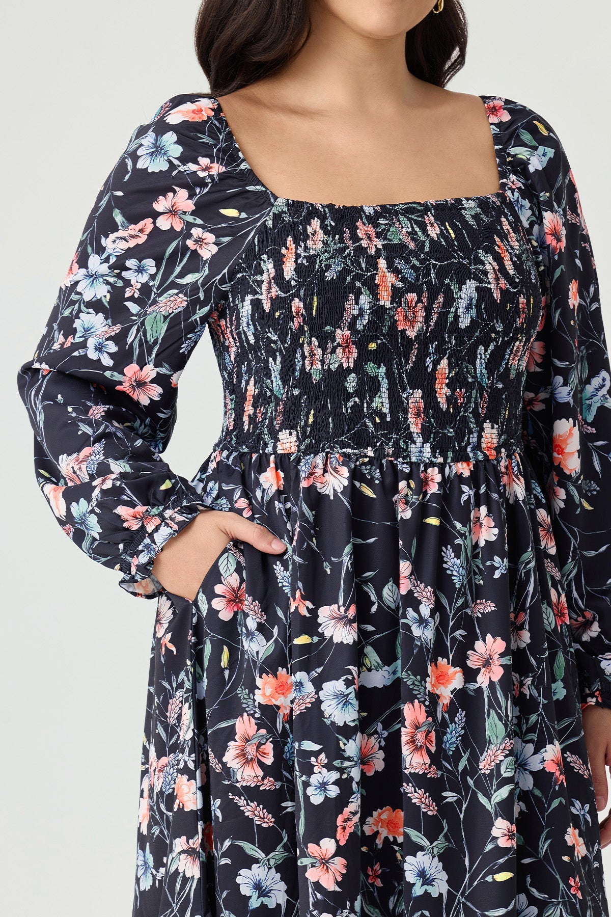 Ritera Pockets Floral Tiered Flowy Smocked Midi Dress