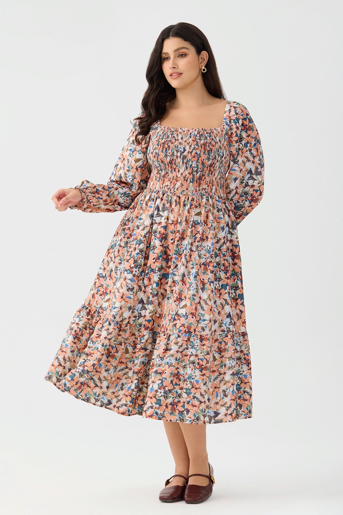 Ritera Pockets Floral Tiered Flowy Smocked Midi Dress