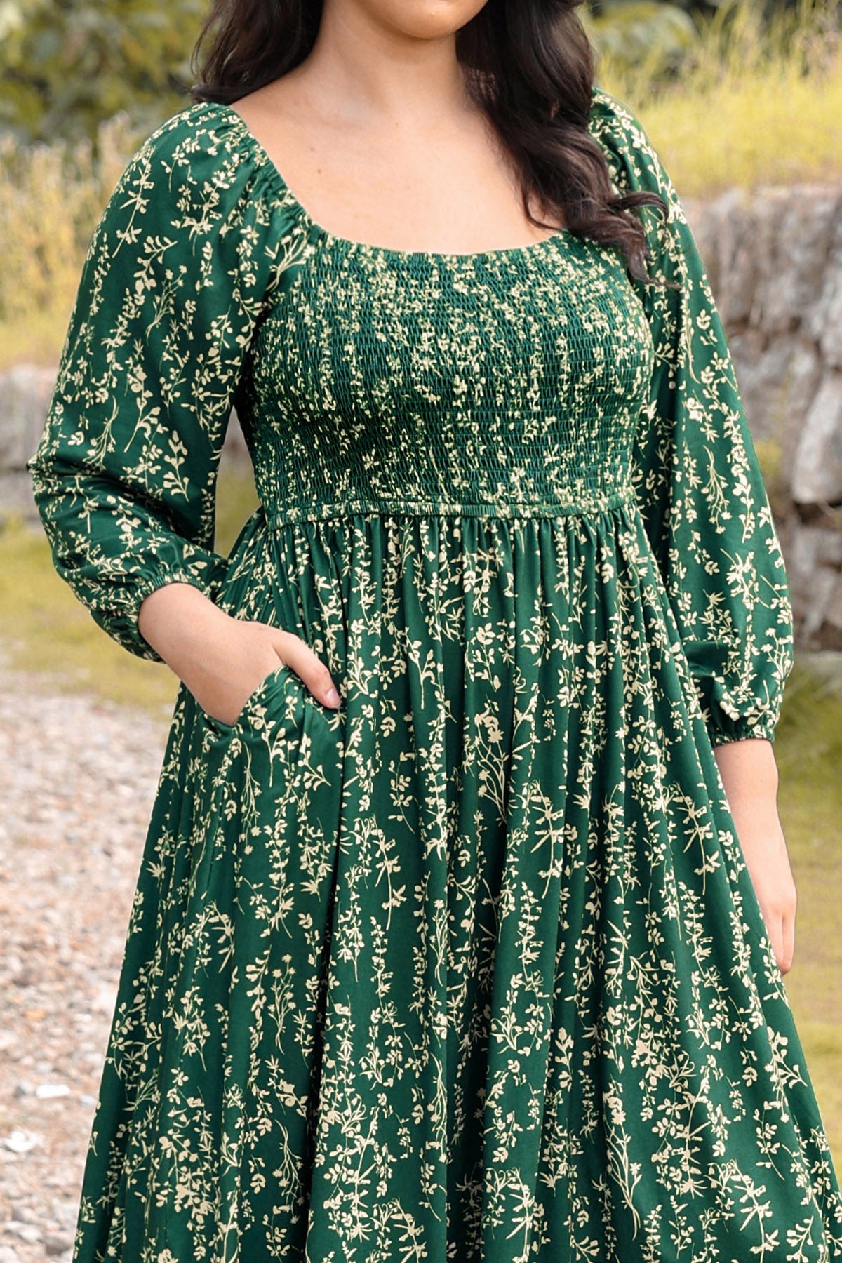 Ritera Pockets Chic Floral Smocked Square Neck Midi Dress