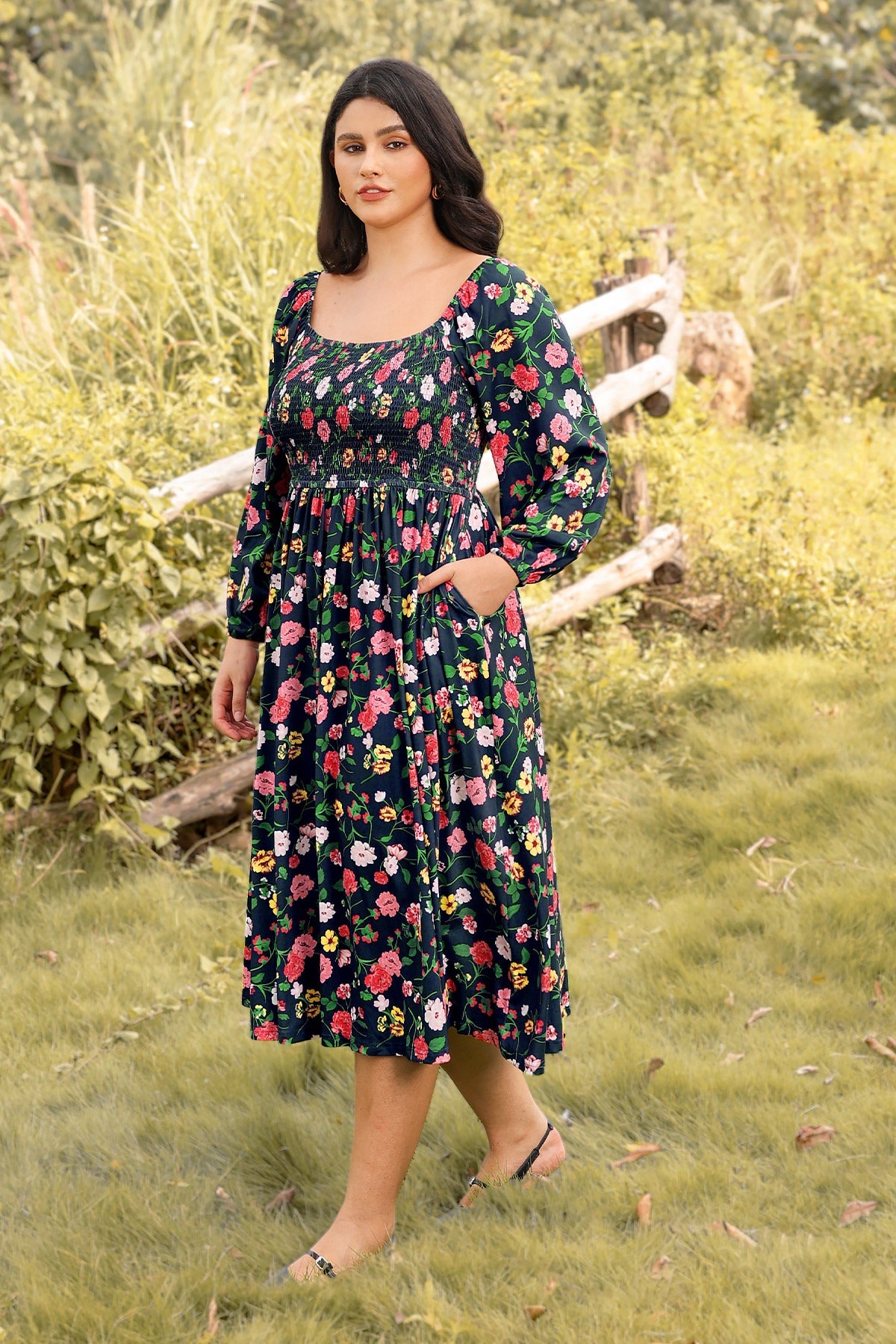 Ritera Pockets Chic Floral Smocked Square Neck Midi Dress