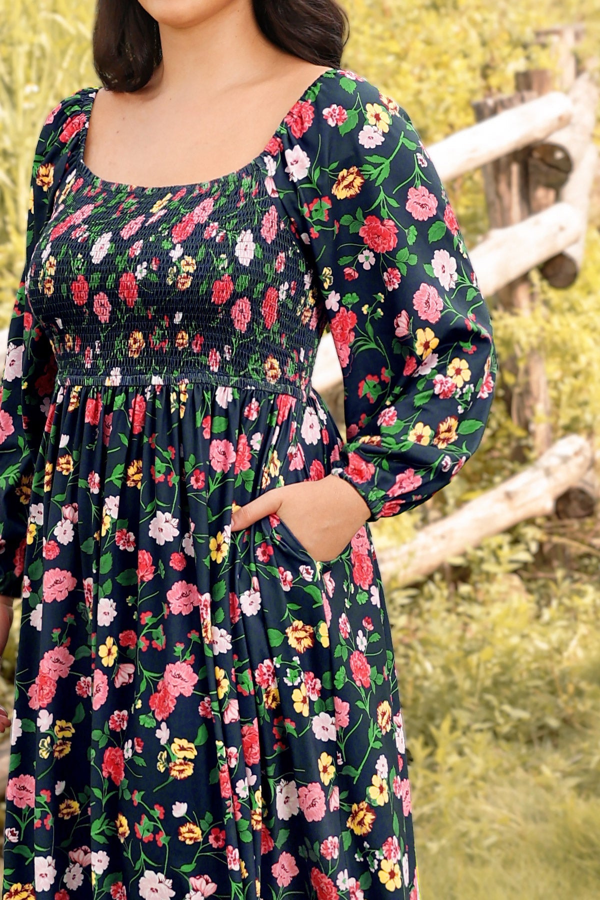 Ritera Pockets Chic Floral Smocked Square Neck Midi Dress