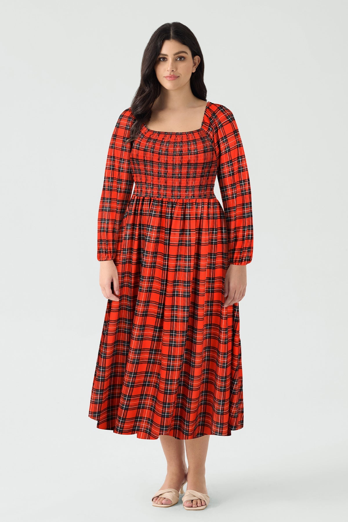 Ritera Pockets Plaid Smocked Long Sleeve Midi Dress