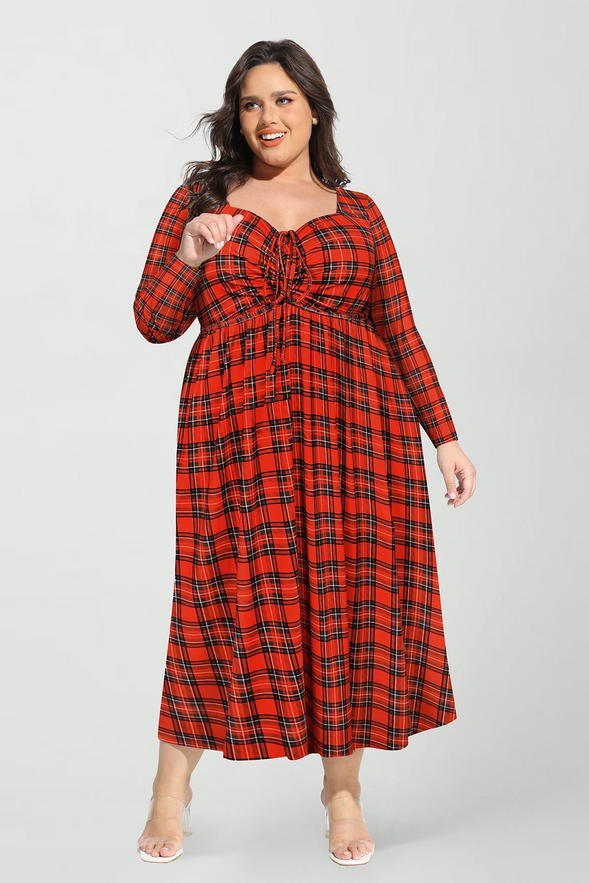 Ritera Pockets Plaid Print Sweetheart Tie-Front Midi Dress