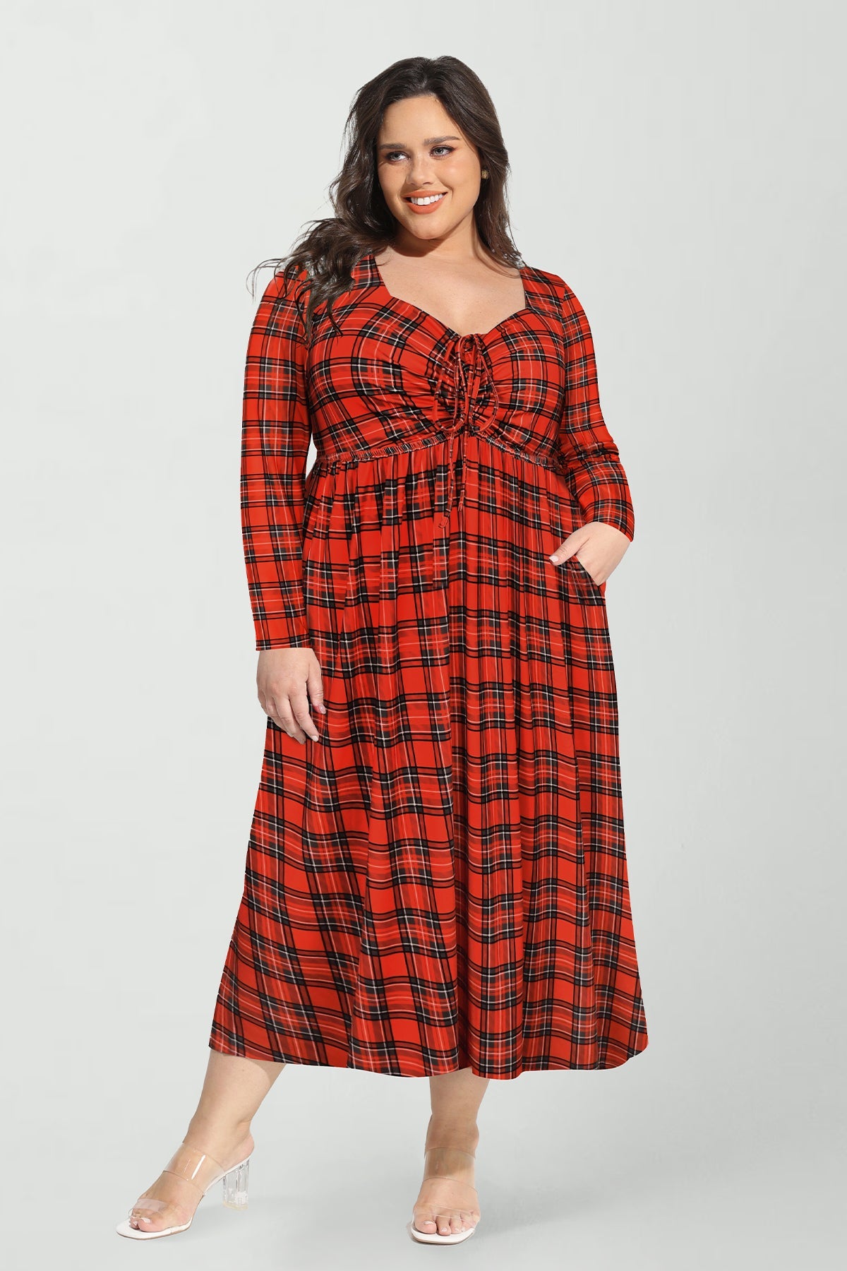 Ritera Pockets Plaid Print Sweetheart Tie-Front Midi Dress