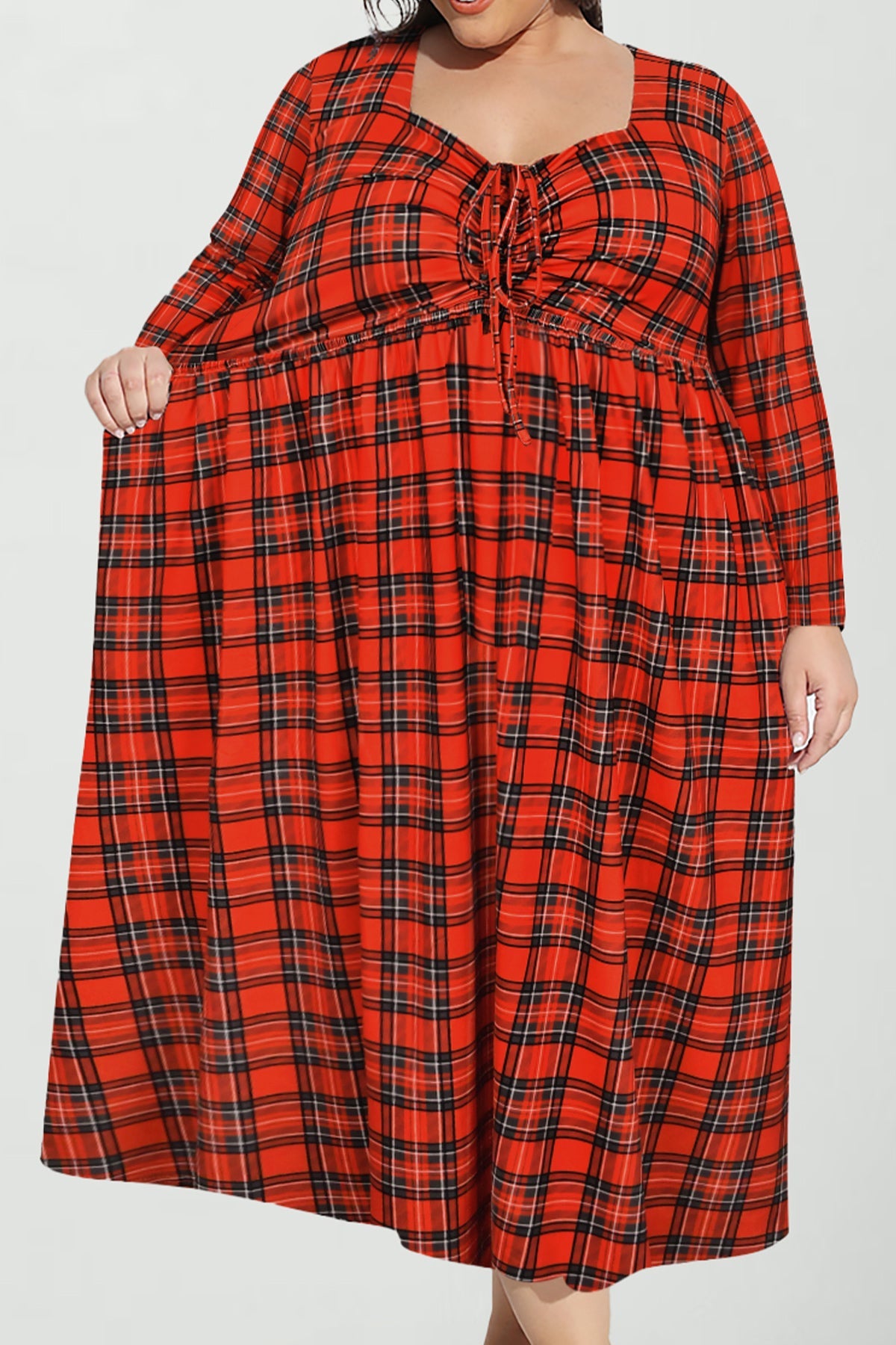 Ritera Pockets Plaid Print Sweetheart Tie-Front Midi Dress