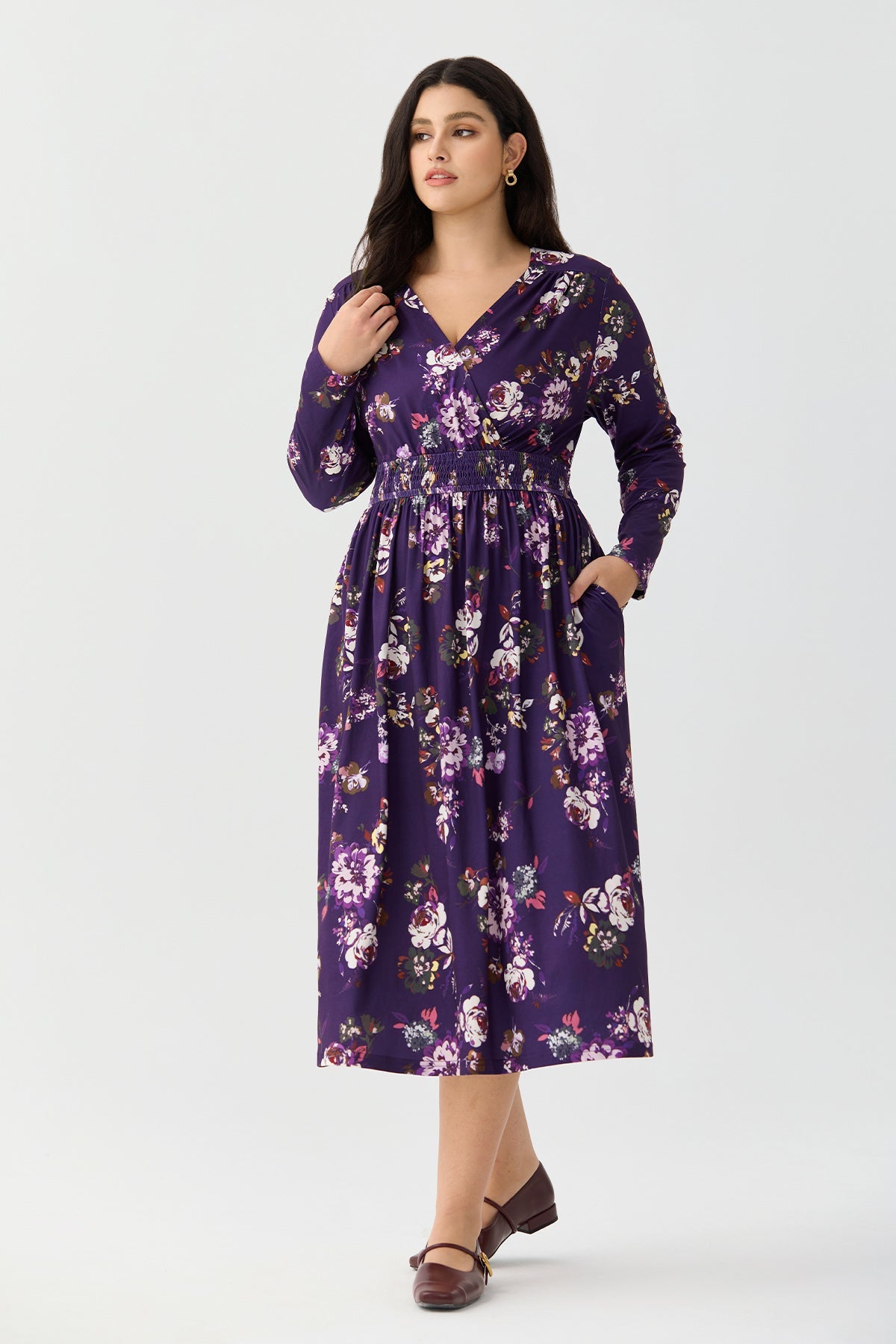 Ritera Pockets Floral Tartan Plaid Smocked Waist Midi Dress