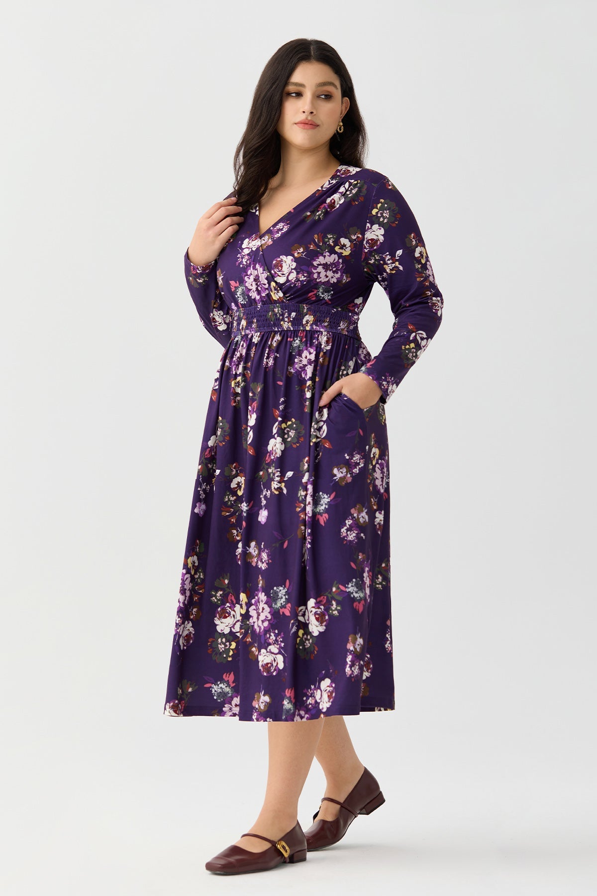 Ritera Pockets Floral Tartan Plaid Smocked Waist Midi Dress