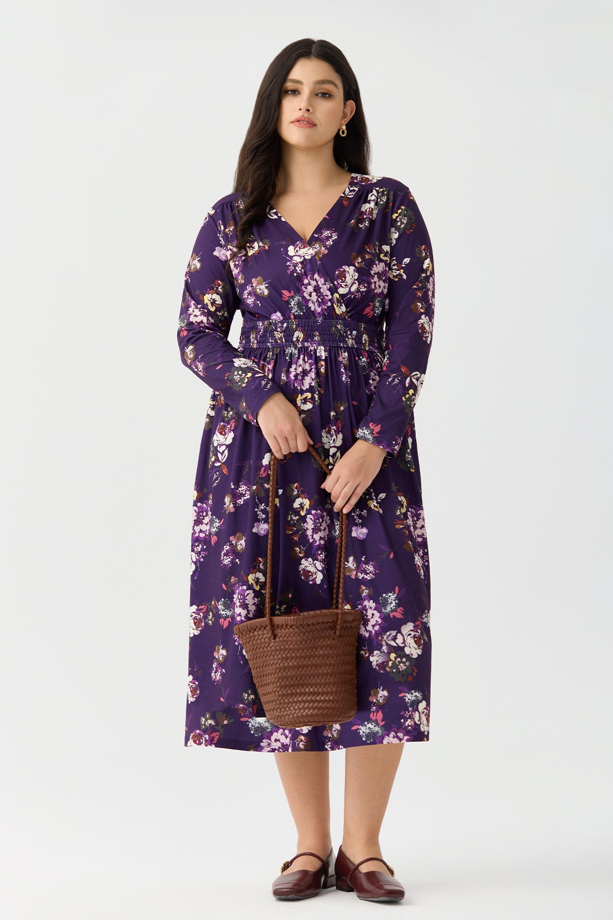 Ritera Pockets Floral Tartan Plaid Smocked Waist Midi Dress