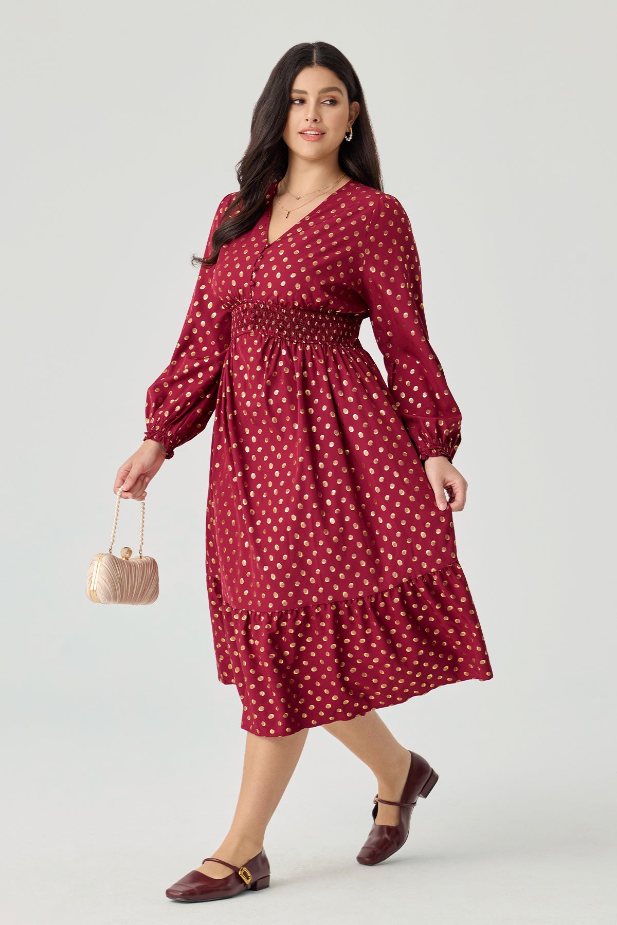 Ritera Pockets Polka Dot Smocked A-Line Midi Dress