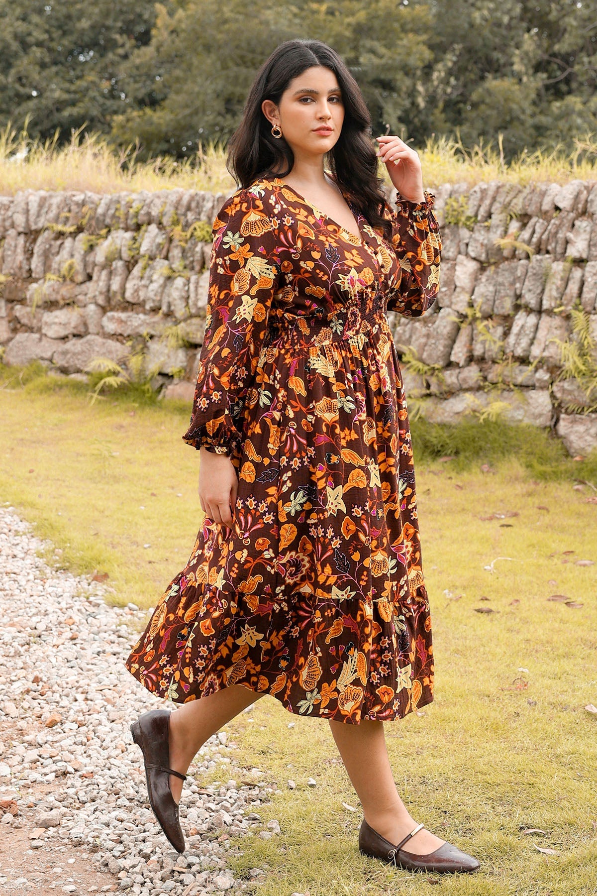 Ritera Pockets Bohemian Smocked A-Line Midi Dress