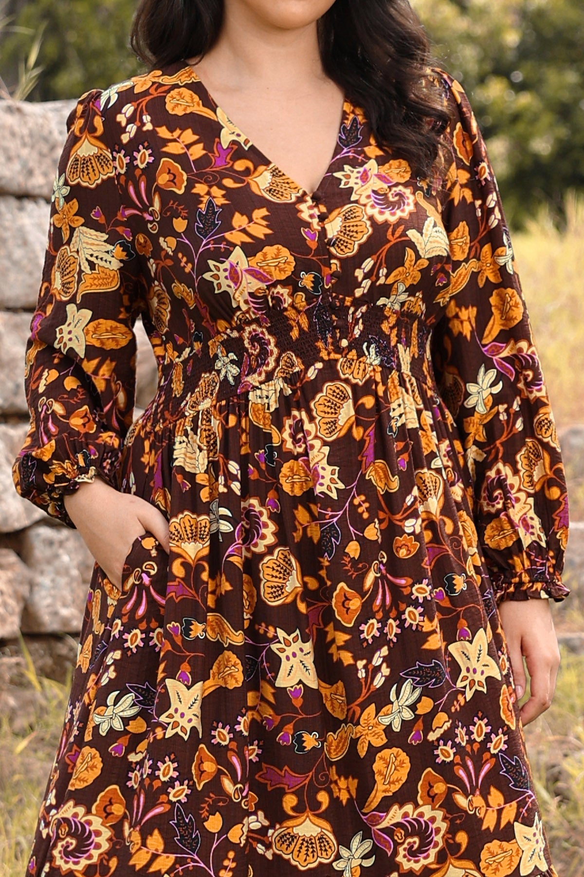 Ritera Pockets Bohemian Smocked A-Line Midi Dress