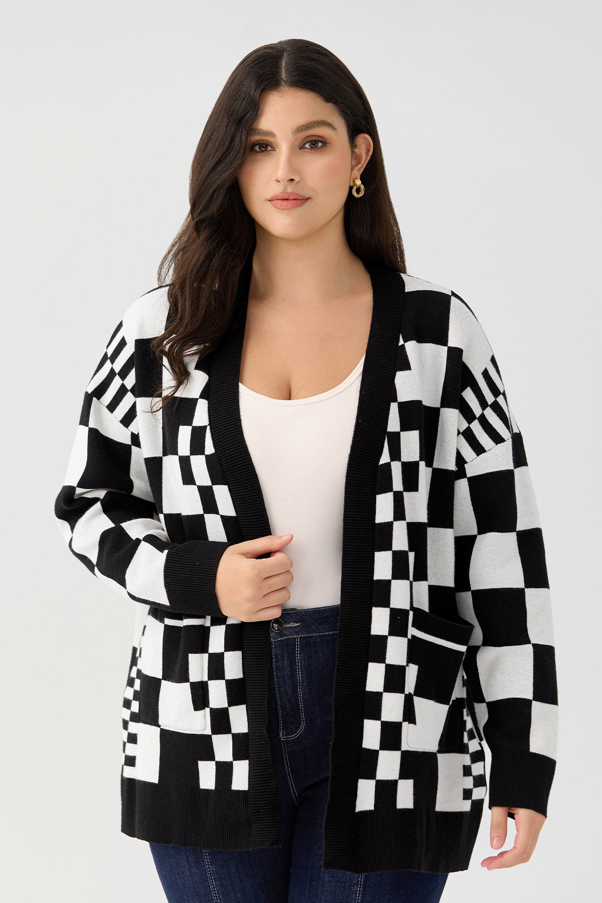 Ritera Pockets Checkerboard Open-Front Knit Cardigan