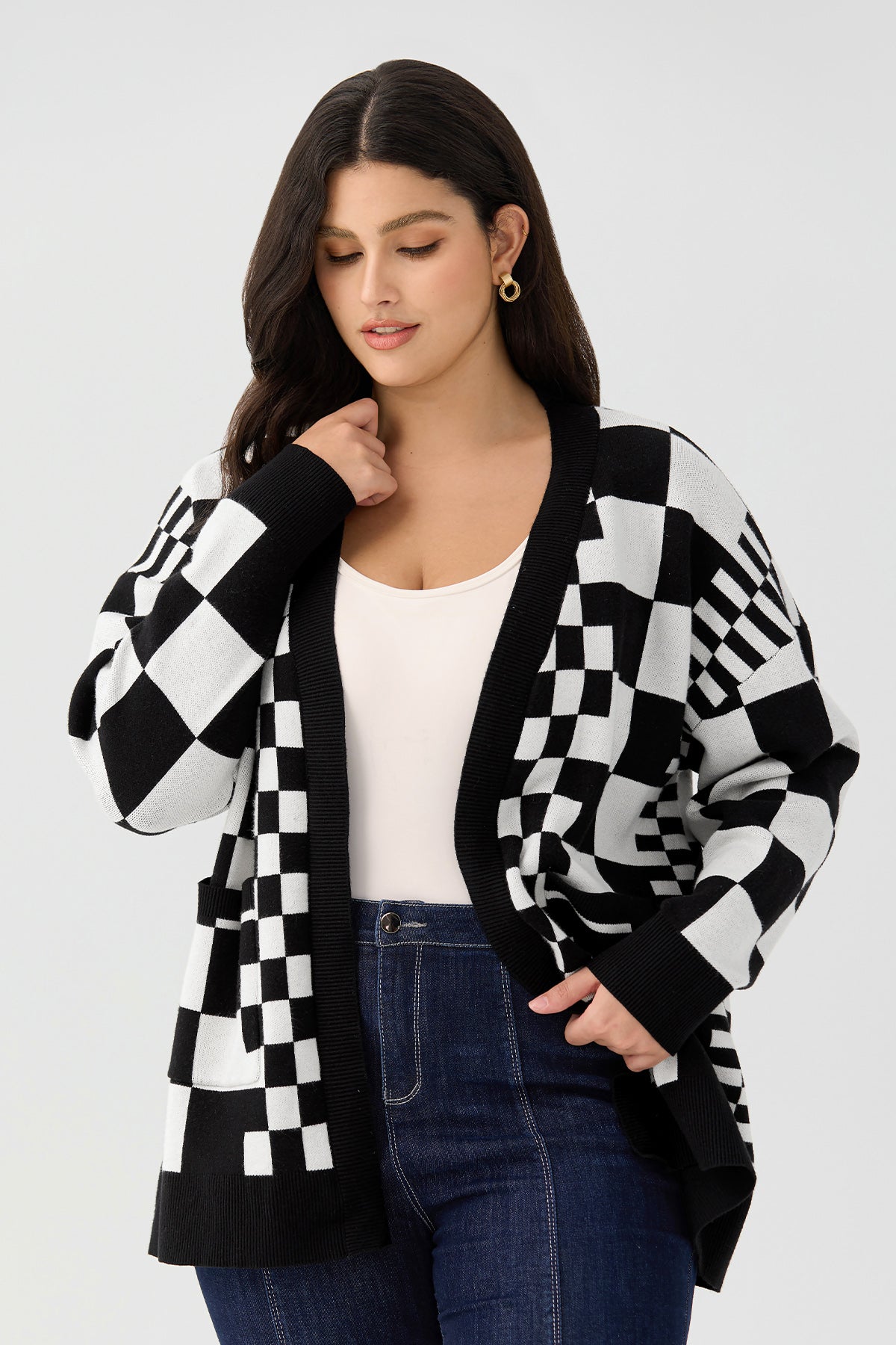 Ritera Pockets Checkerboard Open-Front Knit Cardigan
