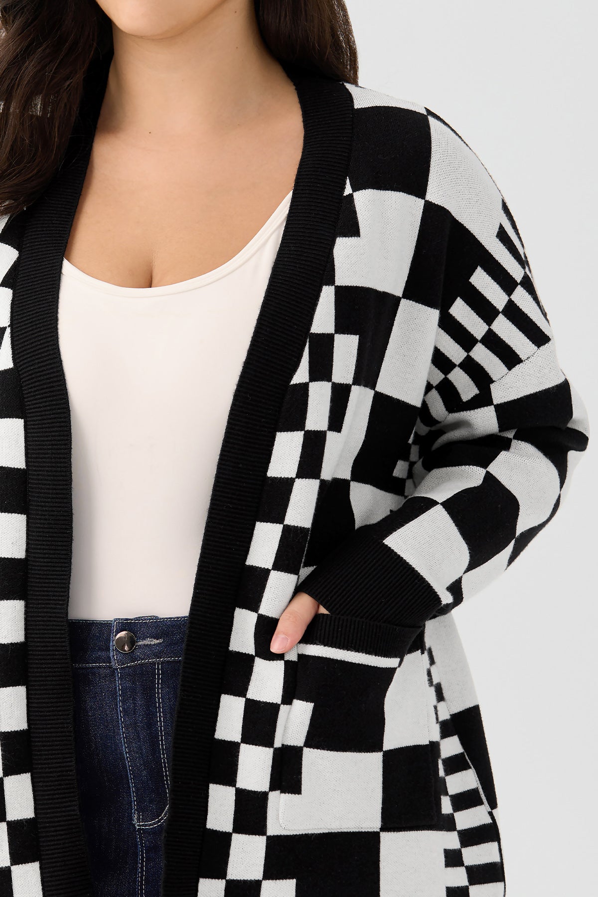 Ritera Pockets Checkerboard Open-Front Knit Cardigan