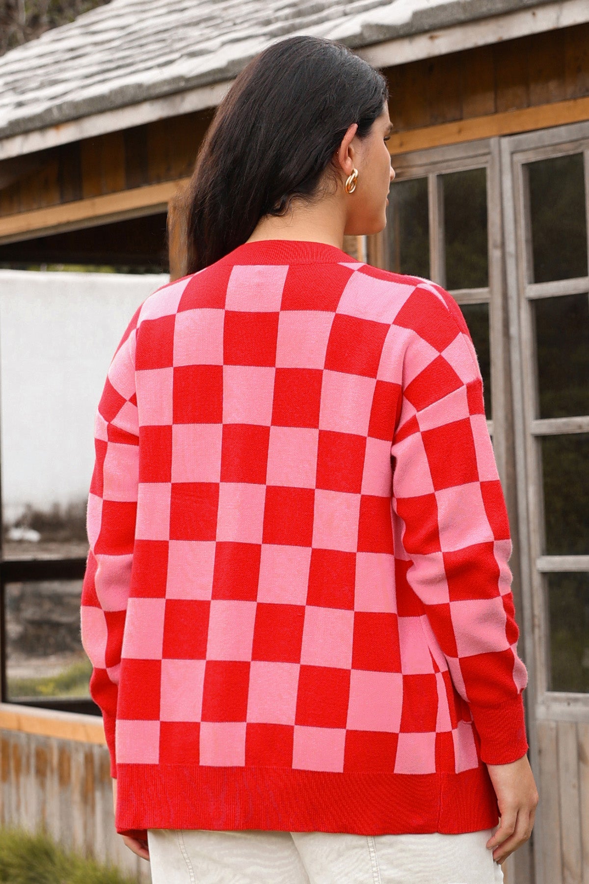 Ritera Pockets Open Front Checkered Knit Cardigan