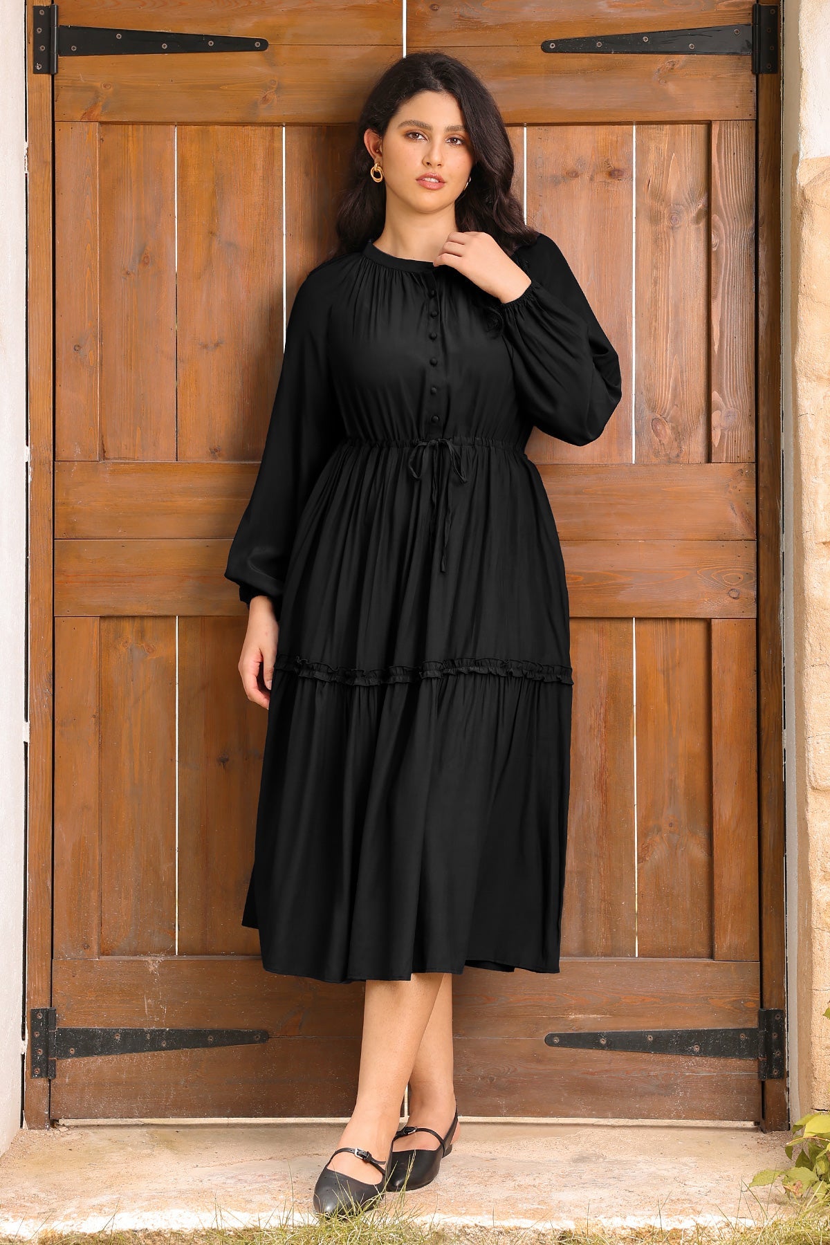 Ritera Pockets Navy Blue Drawstring Waist Tiered Midi Dress