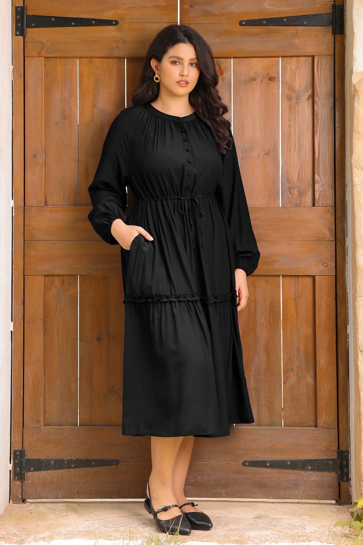 Ritera Pockets Navy Blue Drawstring Waist Tiered Midi Dress