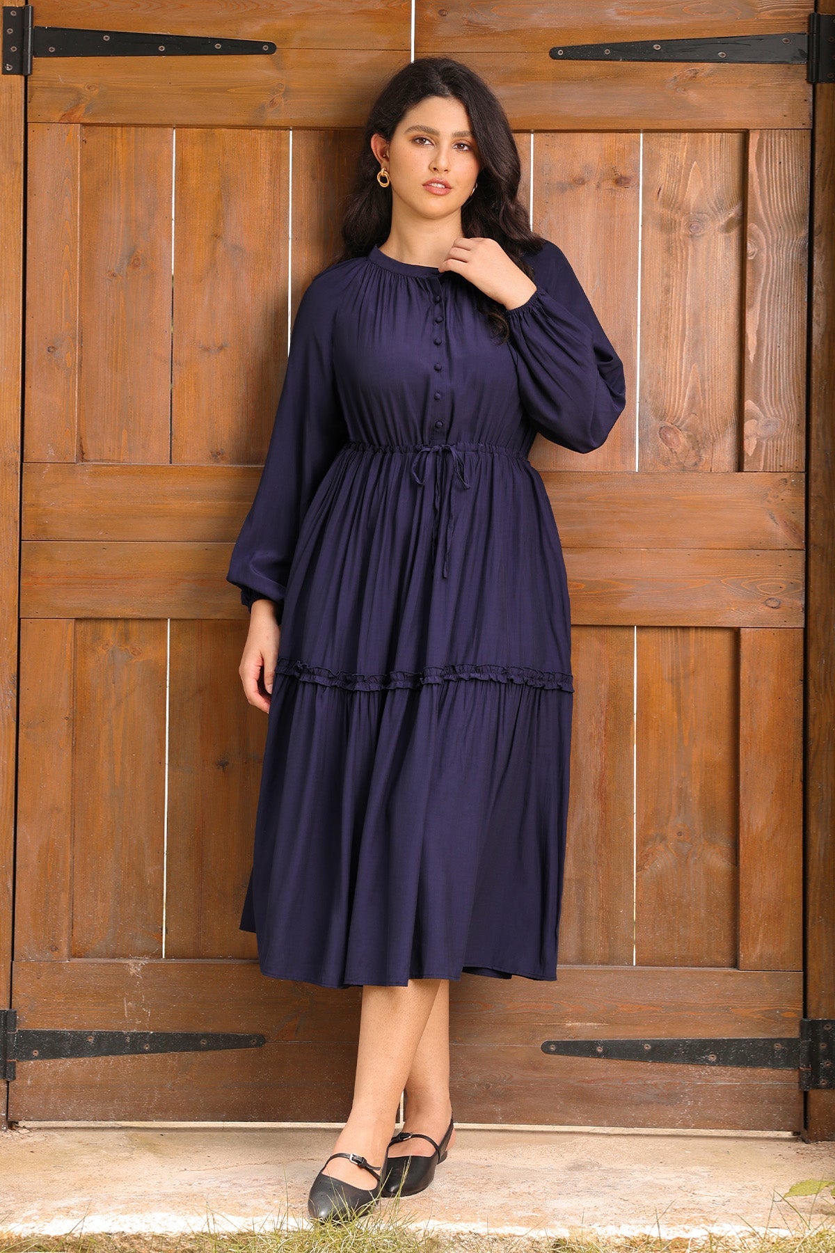Ritera Pockets Navy Blue Drawstring Waist Tiered Midi Dress