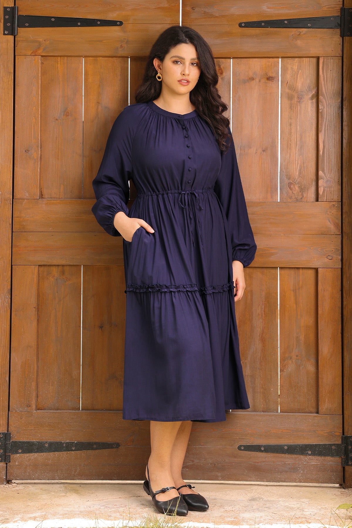 Ritera Pockets Navy Blue Drawstring Waist Tiered Midi Dress