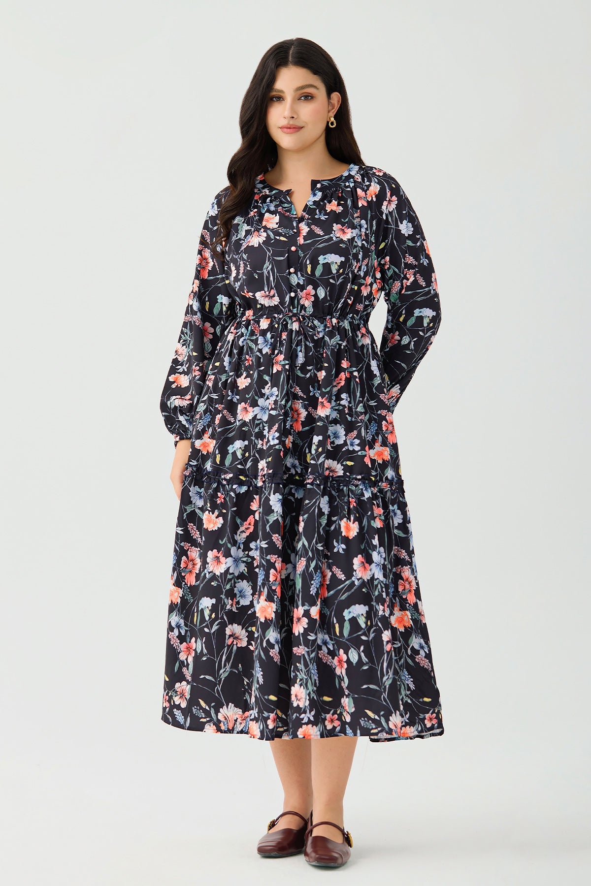 Ritera Pockets Star Floral Print Drawstring Waist Tiered Midi Dress